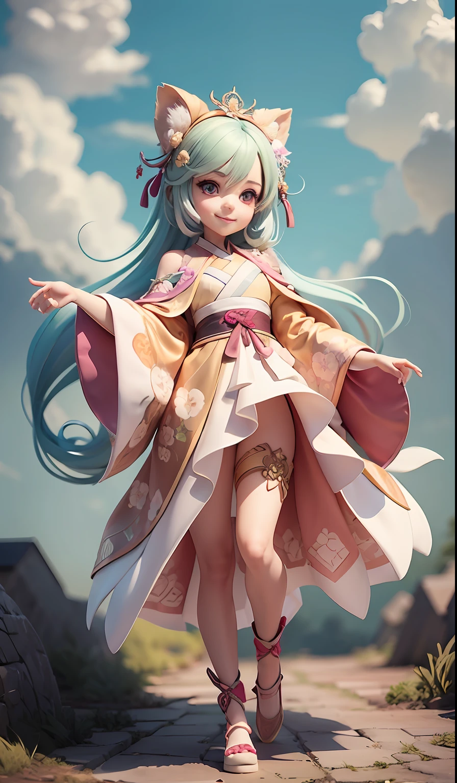 Super cute little girl, full body, wearing gorgeous Hanfu, little vixen, anthropomorphic, bubble mart style, wearing an elegant cloak, sweet smile, white fur, bright big eyes and fluffy tail, clouds floating gently, extremely detailed 3D animation, super realistic, super detailed, Octaneendering, zbrush (masterpiece, top quality, best quality, official art, Beauty and Aesthetics: 1.2), (1girl: 1.3), Very Detailed, (Fractal Art: 1.2), Colorful, Most Detailed, (Zentangle: 1.2), (Dynamic Pose), (Abstract Background: 1.5), (Traditional Clothing: 1.2), (Shiny Skin), (Multiple Colors: 1.4)