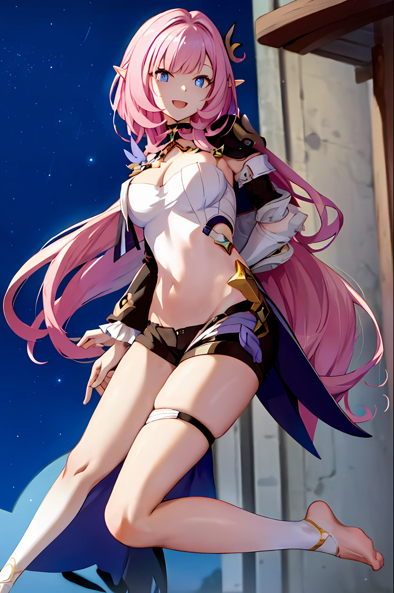 (Realistic painting style:0.9), masterpiece, best quality, absurdres, elysia (miss pink elf) (honkai impact), slit pupils, elysia (honkai impact), elf, pointy ears, 1girl, breasts, cleavage, pink hair, solo, hair ornament, smile, blue eyes, long hair, looking at viewer, open mouth, bangs, :d, sky, star (sky), black shorts, large breasts, starry sky, shorts, night sky, arms behind back, night, long sleeves, pink pupils, standing, smooth feet, no shoes, bare feet, feet visible, no socks, smooth thigh,