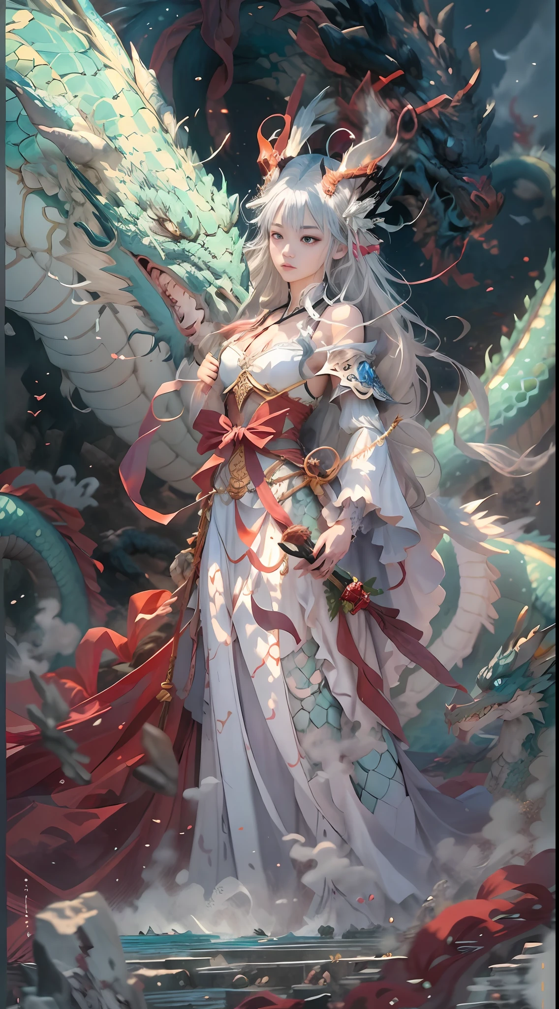 Human dragon tail，Upper body body，There are arms，mano。Dragon Guardian Maiden，（Dragon trainer），（Girl with gray hair，pony tails，Red ribbon hair），Beautiful  features，Delicate  features，bound waist，White dragon scale armor，（Scepter in hand，The scepter glows）。Behind the girl，（（The dragon is in the sky，腾云驾雾））。stormy sea。The spectacle is spectacular。