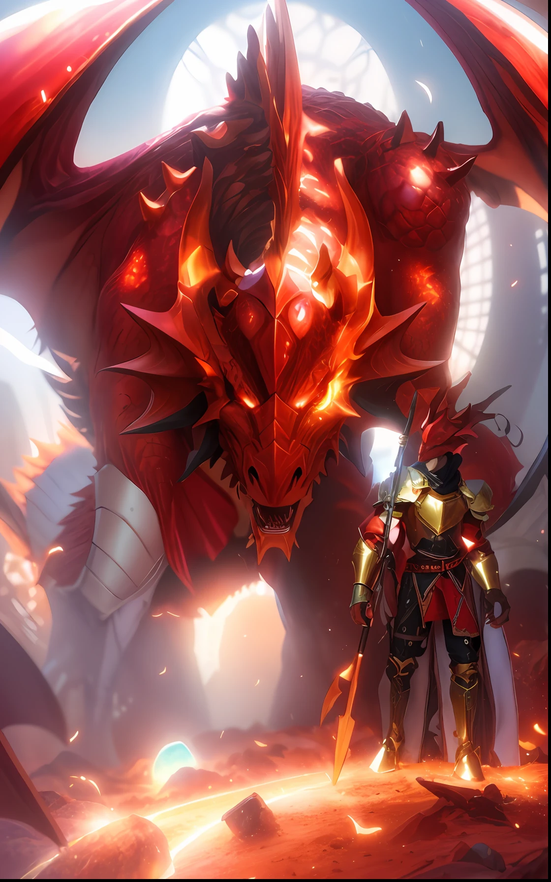 There is a red dragon with a knight on the side, Dragon Knight, draconic looking armor, the devil in hell as a dragon, Dragon armor, Hiper-realista D & d fantasy art, dragon in the background, fantasy inspired dragon armor, demonic dragon inspired armor, dragon in dragon lair, Drachenlord, dragon inspired armor, charging through a dragons lair,), cinemactic, hiper-detalhado, detalhes insanos, Lindamente colorido, Motor irreal, DOF, Super-Resolution, Megapixel, cinematographic lightning, antialiasing, FKAA, TXAA, RTX, SSAO, Post processing, post - production, Mapeamento de Tons, ...cgi, VFX, SFX, Insanamente detalhado e intrincado, Hiper maximalista, hyper realistic, volumetric, fotorrealista, ultra fotorreal | |, ultra-detalhado, detalhes intrincados, 8k, super detalhado, Colouring, Volumetric lightning, HDR, Realistic, Motor irreal, 16k, foco nítido, octan render ,Retrato de Arnold Schwarzenegger shaka , detalhes intrincados, perfect features, Dramatic, Cinematic lighting, Highlight lighting, SSAA, smooth rendering, no noise --testp --ar 2:3 --video --no lazy prompts --v testp