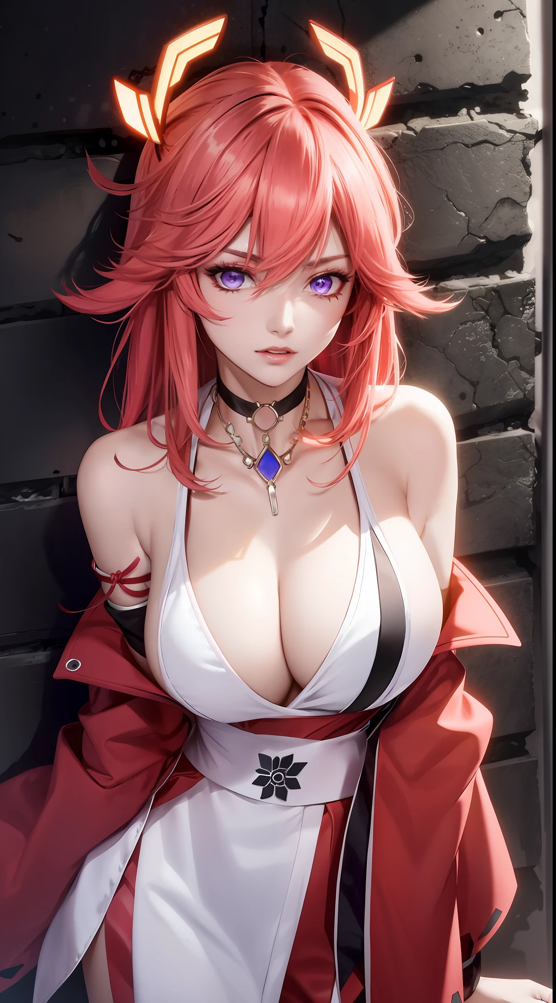 （tmasterpiece，Need，1girll，Solo，The details are complex，color difference），photorealestic，（（Medium breath）），cropped shoulders，(cleavage)，Raised sexy，Yae Miko，Pink Long Hair，red headgear，Red highlight，Hair above one eye，Purple eye，耳Nipple Ring，sharp look，Perfectly symmetrical figure，choker necklace，Neon shirt，Open jacket，high-necksweater，against a wall，brick walls，scribbles，dim murky lights，looking at viewert，（（Mean streak，Cleavage is seductive，big breasts enchanting）），（（（sakurabackground))), (((Glow-in-the-dark background)))