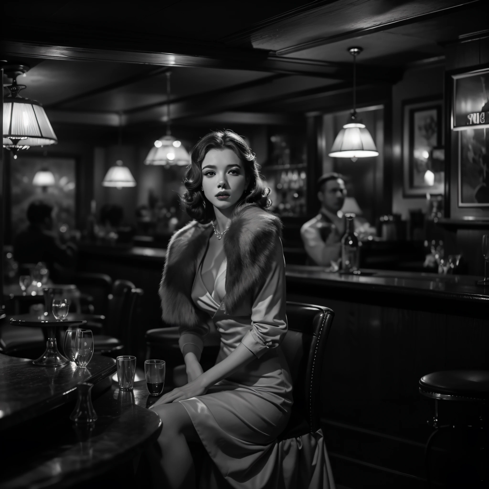 Uma imagem de uma cativante estrela do filme noir, envolta em um vestido elegante, sitting in a dimly lit bar reminiscent of classic Hollywood movies. The black-and-white image exudes the timeless allure of 1940s cinema, with its dramatic lighting and aura of vintage glamour.