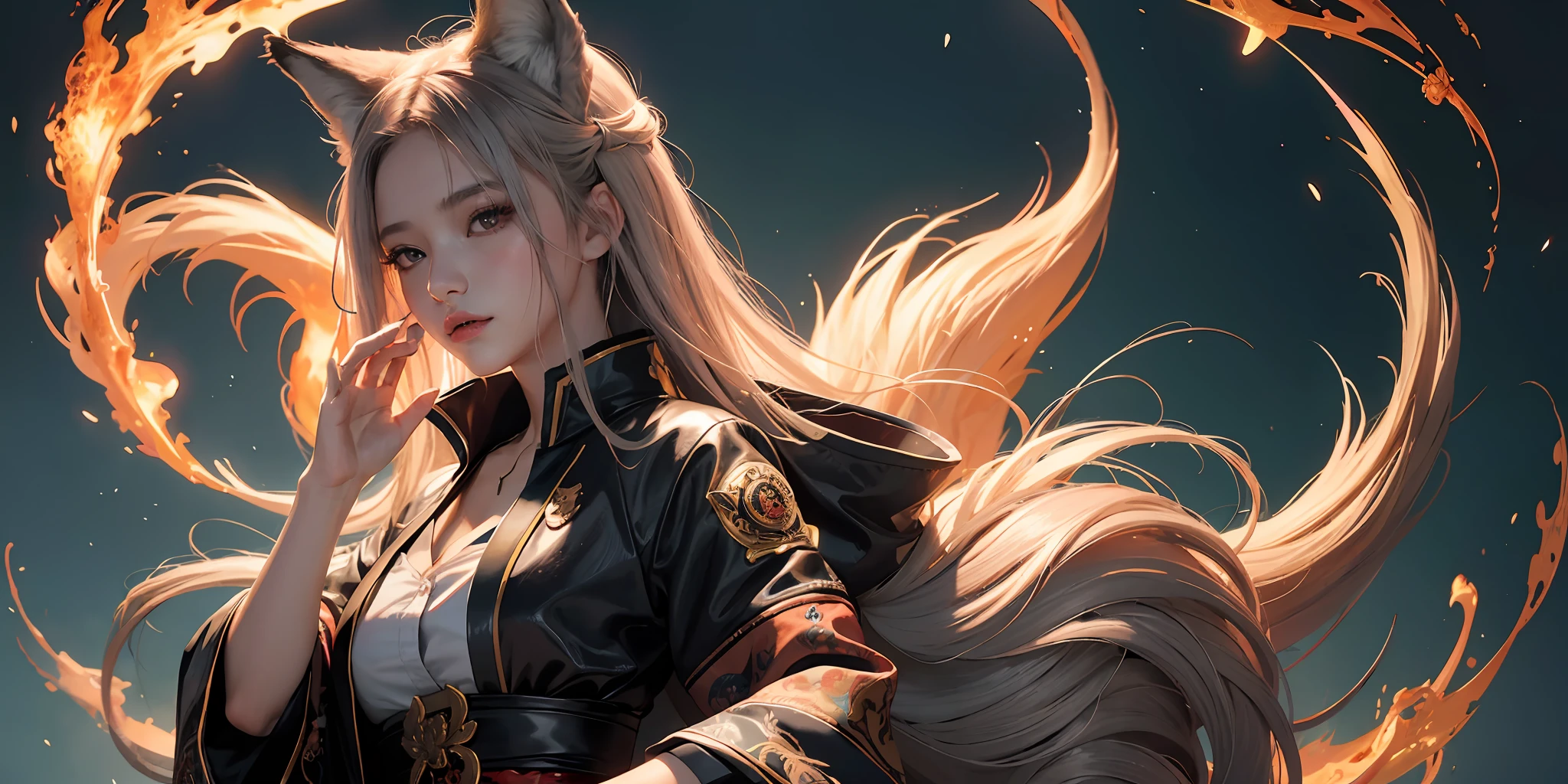 1girl,solo,
official art, unity 8k wallpaper, ultra detailed, beautiful and aesthetic, beautiful, masterpiece, best quality,
Kitsune witch, fox mask, haori jacket, foxfire spell, fox familiar, transformation,