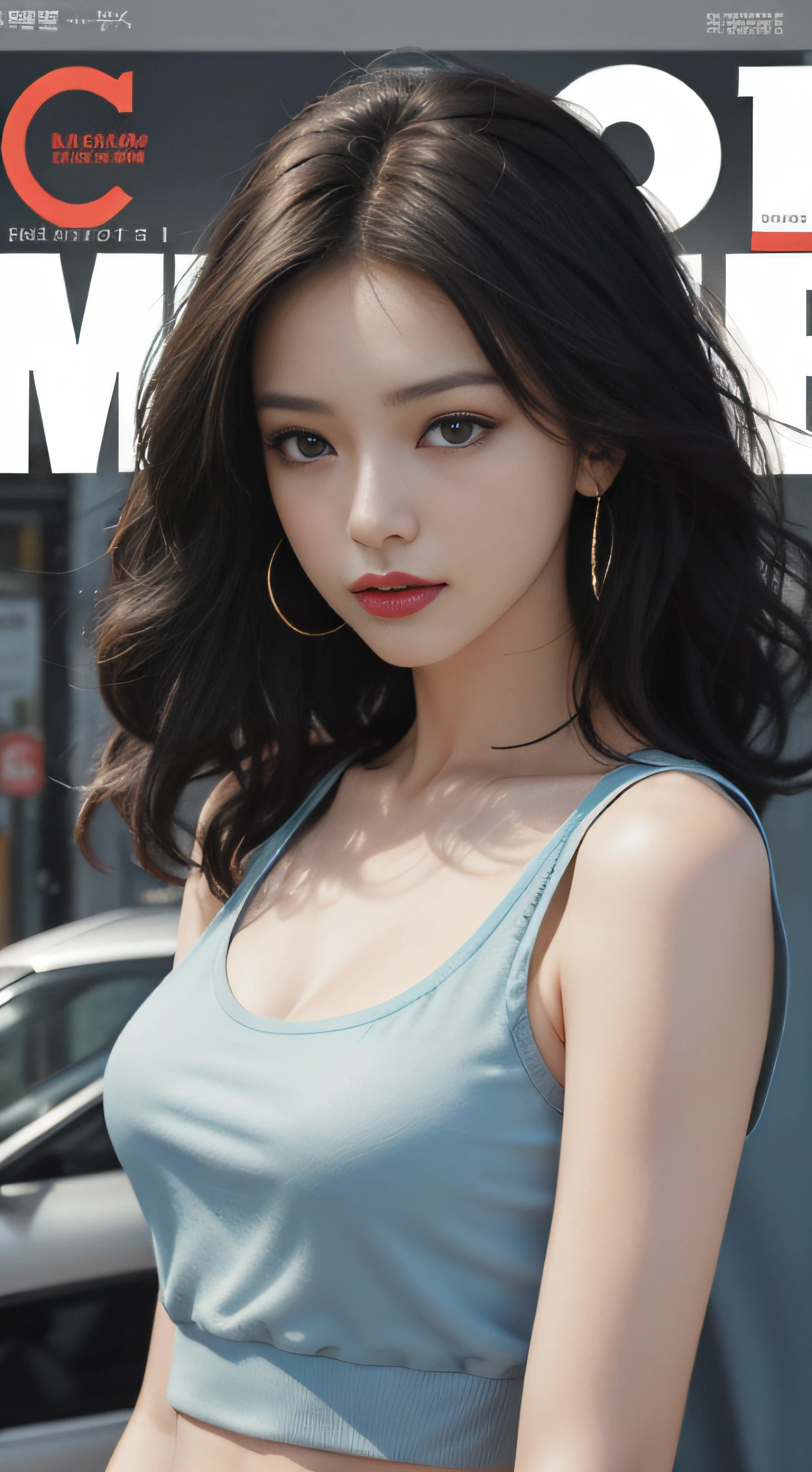 （Magazine cover style illustration of a vibrant, stylish woman dressed）， Sharp focus :1.2, perfect figure beautiful woman:1.4, Slim abs:1.2, ((Layered Hair Style,)), (Tank top shirt:1.1 ), (the street:1.2), Highly detailed facial and skin texture, A detailed eye, 二重まぶた,MagazineCover