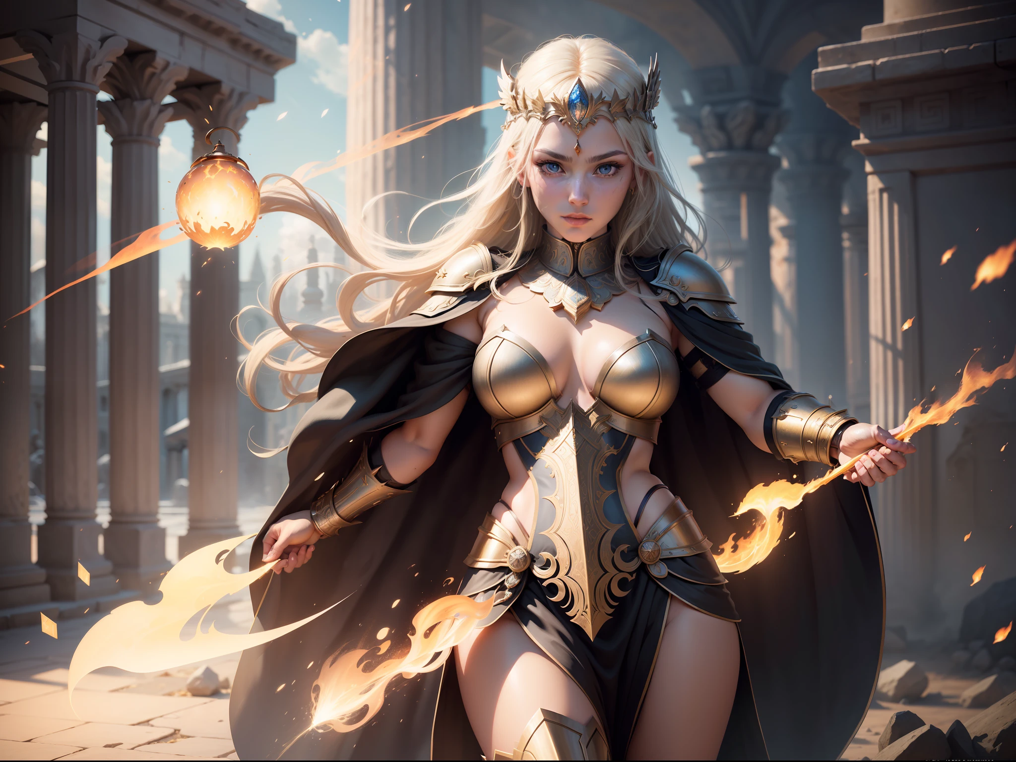 Valkyrie，dong，roman armor，complex patterns，ornate decoration，Greek temple，The background is a starry sky，(skin indentation:1.5), realisticlying, realisticlying, (Masterpiece:1.5), concept-art, intricately details, highly  detailed, realisticlying, rendering by octane, 8K, unreal-engine, dynamicposes, Best quality at best, A high resolution, (photorealiscic face:1.1), (Hyper-realistic:1.1),  perfect  eyes,(shiny skins:1.2), rotating flame, Radiant force, spark of light, smog, magia, ((Dramatic)), Epic, battlefiled, depth of fields, Background bokeh, 4K, ashes, Particle，