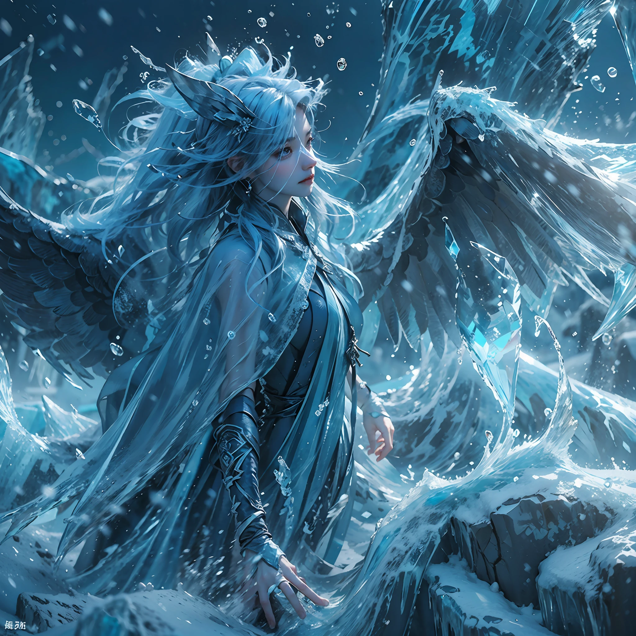 (((1girll)))，Imperial water，A magician，（Loose dress：1.5），（Perfect facial features：1.4），（Blue silk robe），（Mysterious magic formations：1.2），Blue glow，（Frost wings），(((Powerful ice magic)))，(((Icicles)))，Towering over the landscape，Blue light cold light，(((Ice storms)))，Wind，((Flying snow ice and snow))，Amazing results，,best qualityer,tmasterpiece,超高分辨率,finely detailled,Complicated details,8K分辨率,8KUCG wallpaper,hdr,water blue,Magic Array,Cinematic lighting effects,lightand shade contrast，Ray traching、NVIDIA RTX