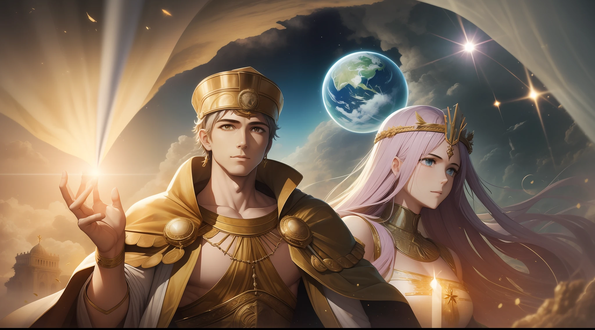(((Resurrection of Constantine the Great、Young men)))、Floating in the sky、invulnerability、Immortal and immortal、Awe-inspiring Hall々、Bright and sharp eyes、warm grin、thick neck、broad shoulder、Long body、Strong mind and body、Protecting the beloved girl who lives in this world、Purple aura、Holding a long holy spear that emits iridescent flashes、『Let there be light』、in Tahana『Genesis』Christian Biblical『Revelation』Kingdom of God、A new paradise、Heavenly Jerusalem、Milton's『Paradise Lost』Paradise、Beautiful Eden、Abundant water、moisture、God's Grace and Glory、Blessings of Angels、nostalgic、tenchi、solar system、kosmos、The Natural Beauty of the Earth、The Formative Beauty of the Universe、plateau、Nature background in Israel、Dawn of Jerusalem、soothing、Inner peace、Sunrise and lens flare、Magnificent scenery reminiscent of the creation of Tanach、Dynamic、​masterpiece、top-quality、High resolution、Detailed and exquisite、Brilliant and delicate、