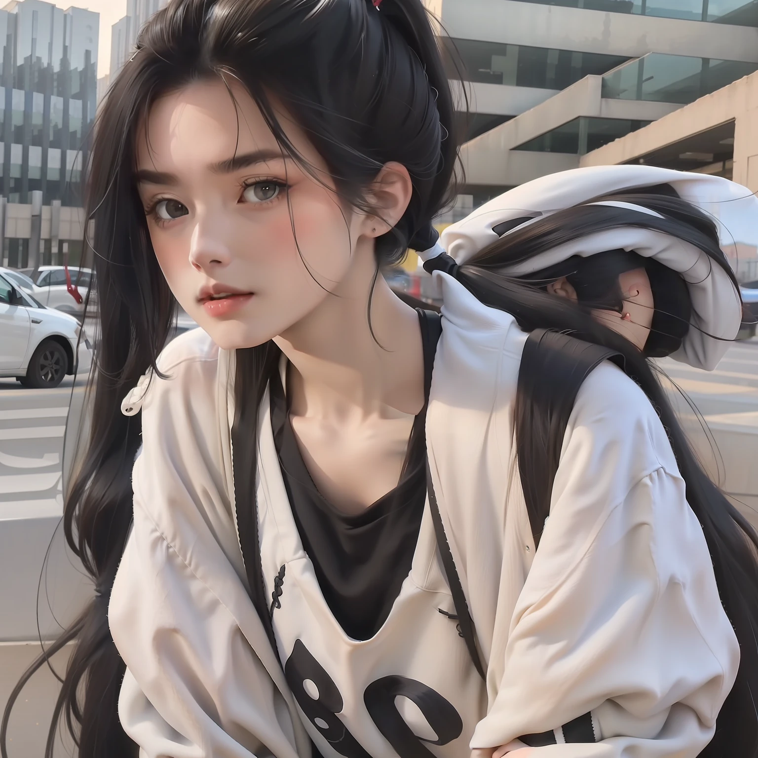 pony tails,Long black hair,white skinned,Look up,The upper part of the body,Need,tmasterpiece