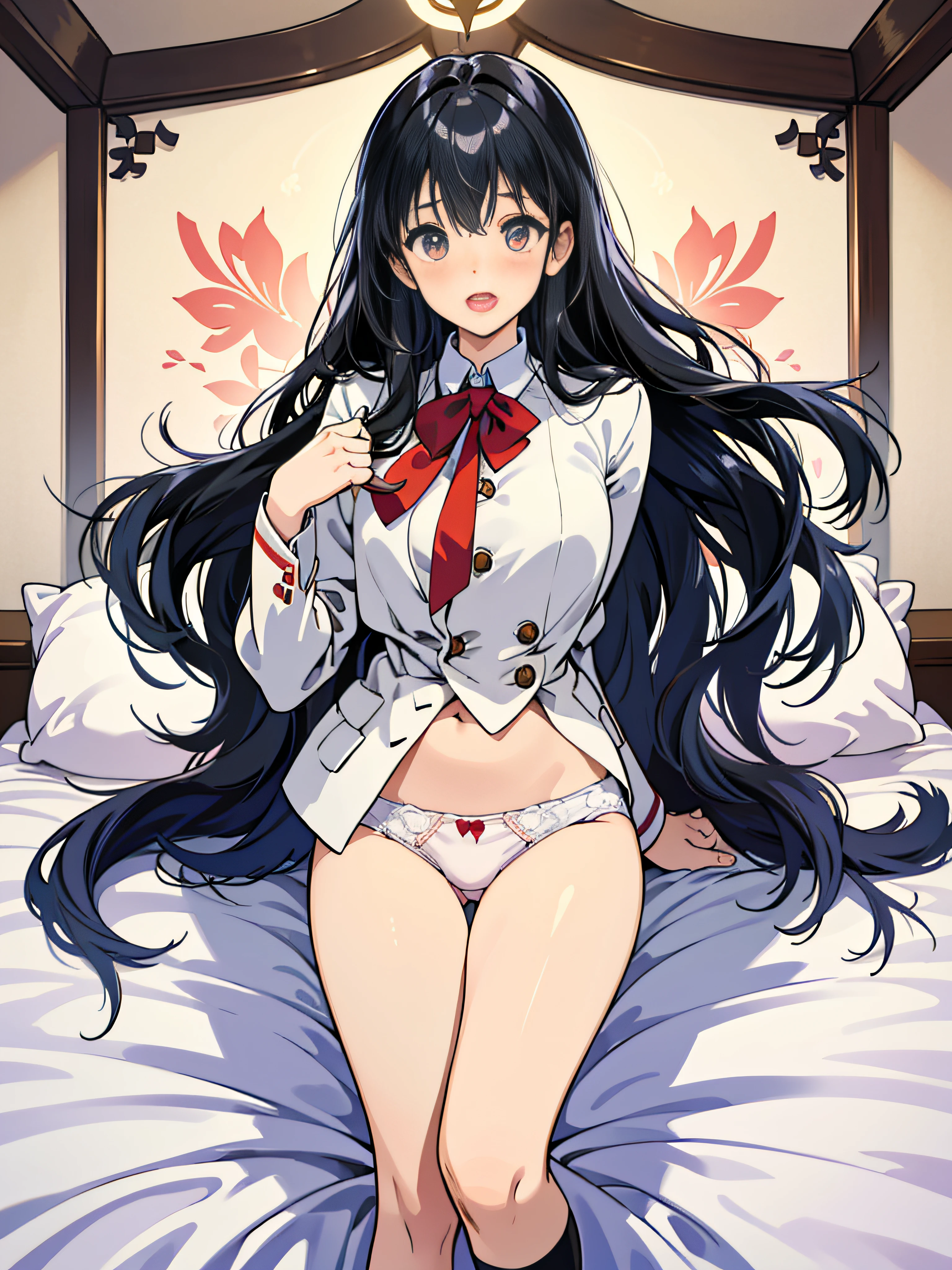cute little、 lightsmile,Beautie, Anime style, ghibli-like colors, Blazer Uniform、17 age、I'm inviting、on the bed、A dark-haired、White underwear、Take off your underwear halfway、You are showing me your pubic area、Straight hair、Glamour、is open、Colossal tits、de pele branca、Black socks、Eagerness to show、I'm excited、wide-open legs、Very embarrassing、red blush。 Best Quality , Textured skin、 Super Detail, high details, High quality、、masturbation、Crotch facing me,Semi-long hair、I'm、Open mouth、Trying to take off your panties、
