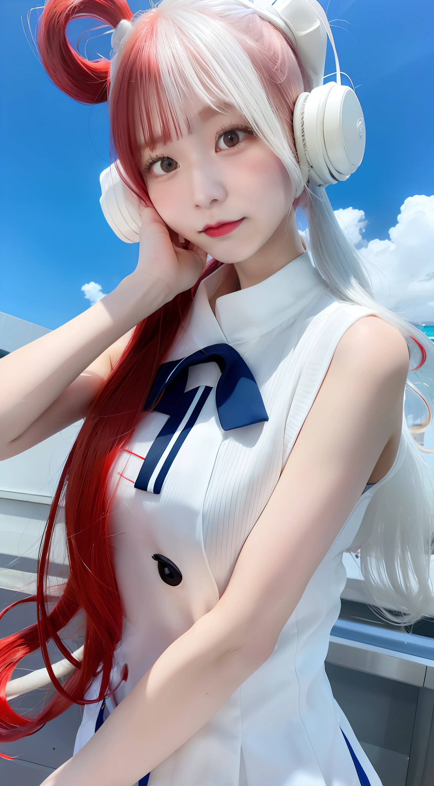 Uta \(Onepiece\),blue-sky、red hairs、White hair、white clothes、japanes、Yellow muscle、hi-school girl