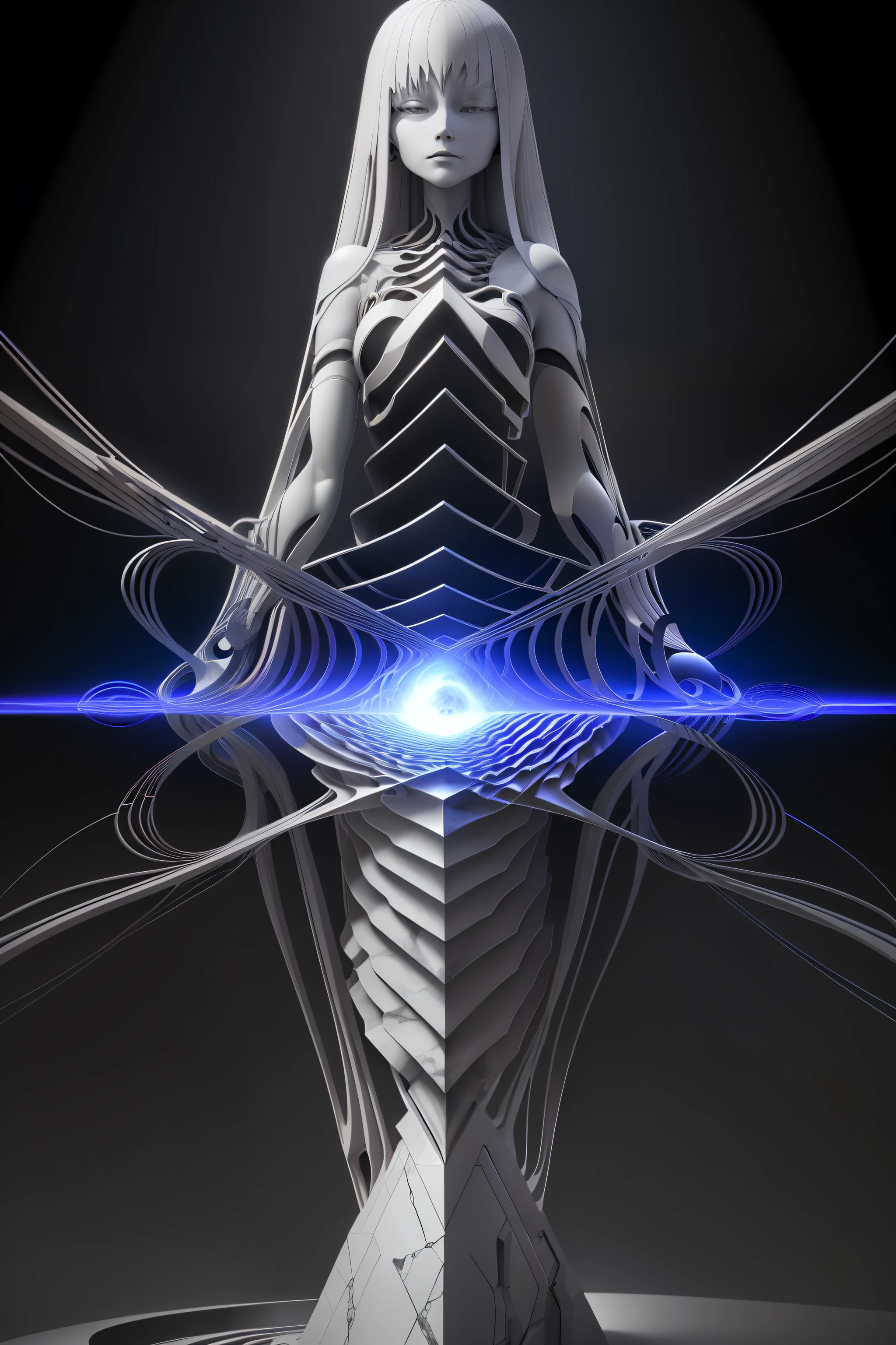 visual spectral radio wave signals emission fused with organic form structure, subsonic spectrum, gray clay cluster, Fibonacci fractal, geometric design, [m : immersed and stuck between strangled strata incisions very cute girl body statue closeup, extreme long floating straight hair with bangs:0.33], marble purgatory, wuthering atmosphere, aesthetic redshift render