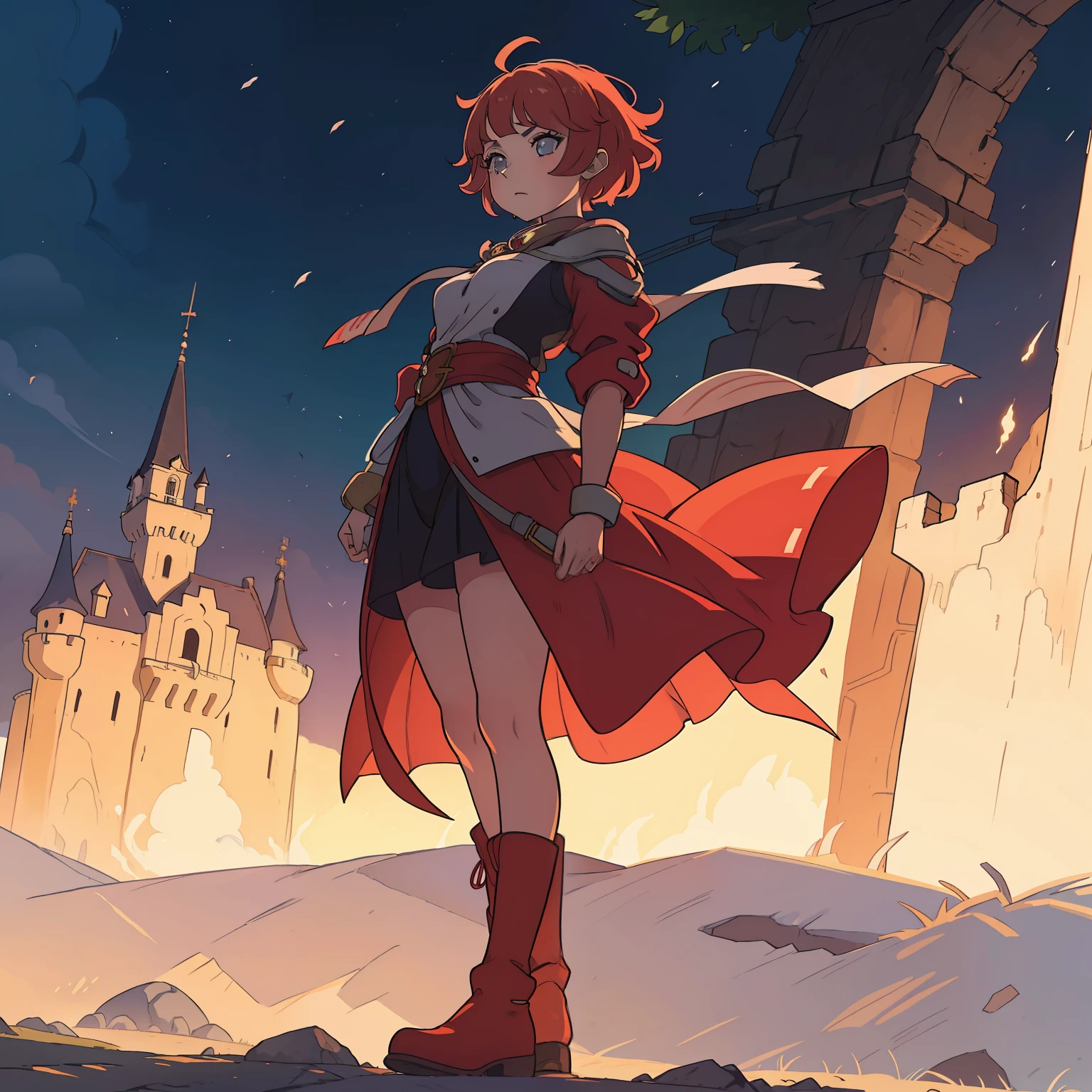 Menina de anime com cabelo vermelho e uma gravata na frente de um castelo, Anime olhar de uma menina bonito, Anime olhar de uma jovem mulher, ela tem cabelos ruivos, armadura, Botas, Pulseiras, corpo inteiro, short hair