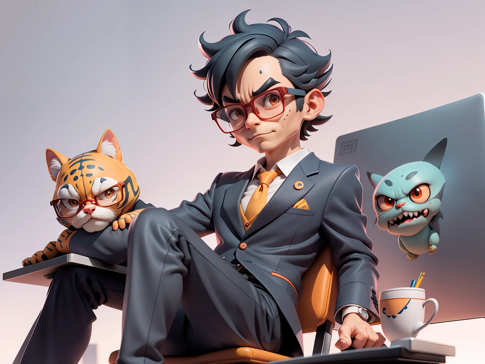 A young man in a suit, Short hair and glasses sat at his desk,holding laptop,digitial painting,tigre,3D character design by Mark Clairen and Pixar and Hayao Miyazaki and Akira Toriyama,4K HD illustration,Very detailed facial features and cartoon-style visuals。