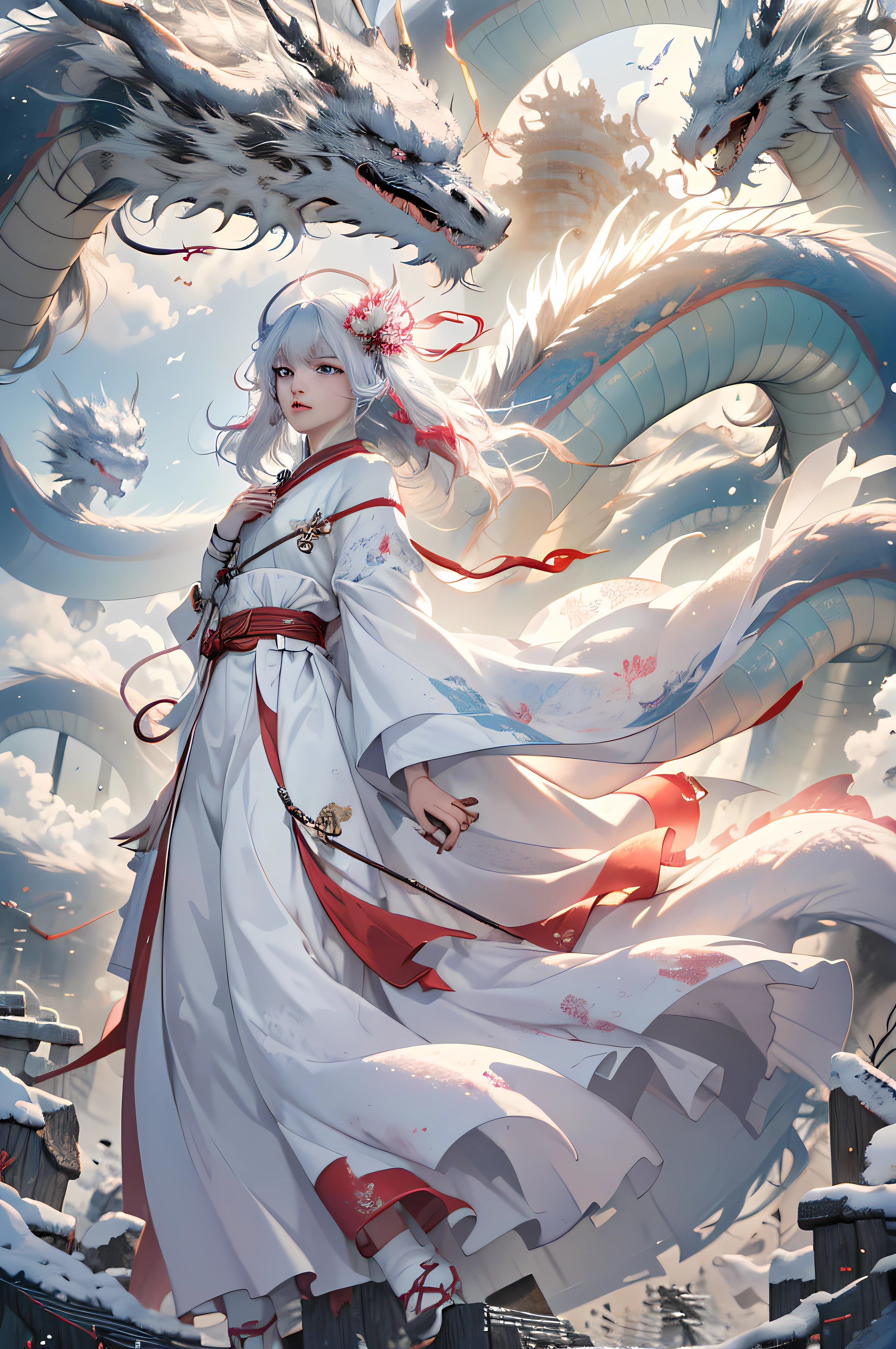 (Positive Focus),, Dynamic Lighting, Art Station, Poster, Volume Lighting, Very Detailed Faces, 8k Wallpaper, 1 White Long Hair Girl, Red Fringed Hair Ornament, Peony Flower Hair Ornament, Dynamic Perspective, Chinese Style, White Hanfu, Red Belt, Ribbon Flying, Seduction, Sexy, Traditional Chinese Ink Painting, White Clouds Surrounded, White Clouds Surrounded, Tame White Chinese Dragon, Dragon Head Facing the Same Direction as Girl, Dragon Horn White, Dynamic Perspective, Movie Lighting,