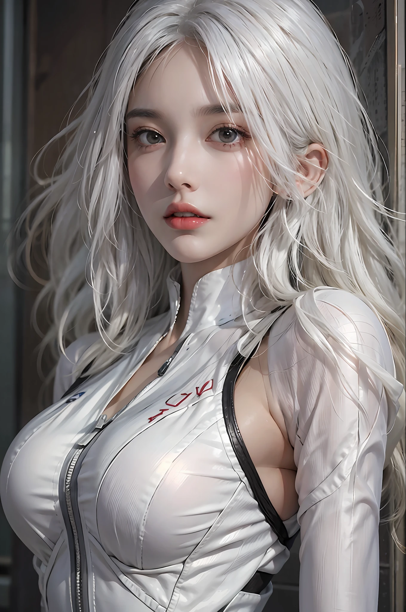 photorealistic, high resolution, 1 women, solo, hips up, look at viewer, (detailed face), white hair, women bodysuit
