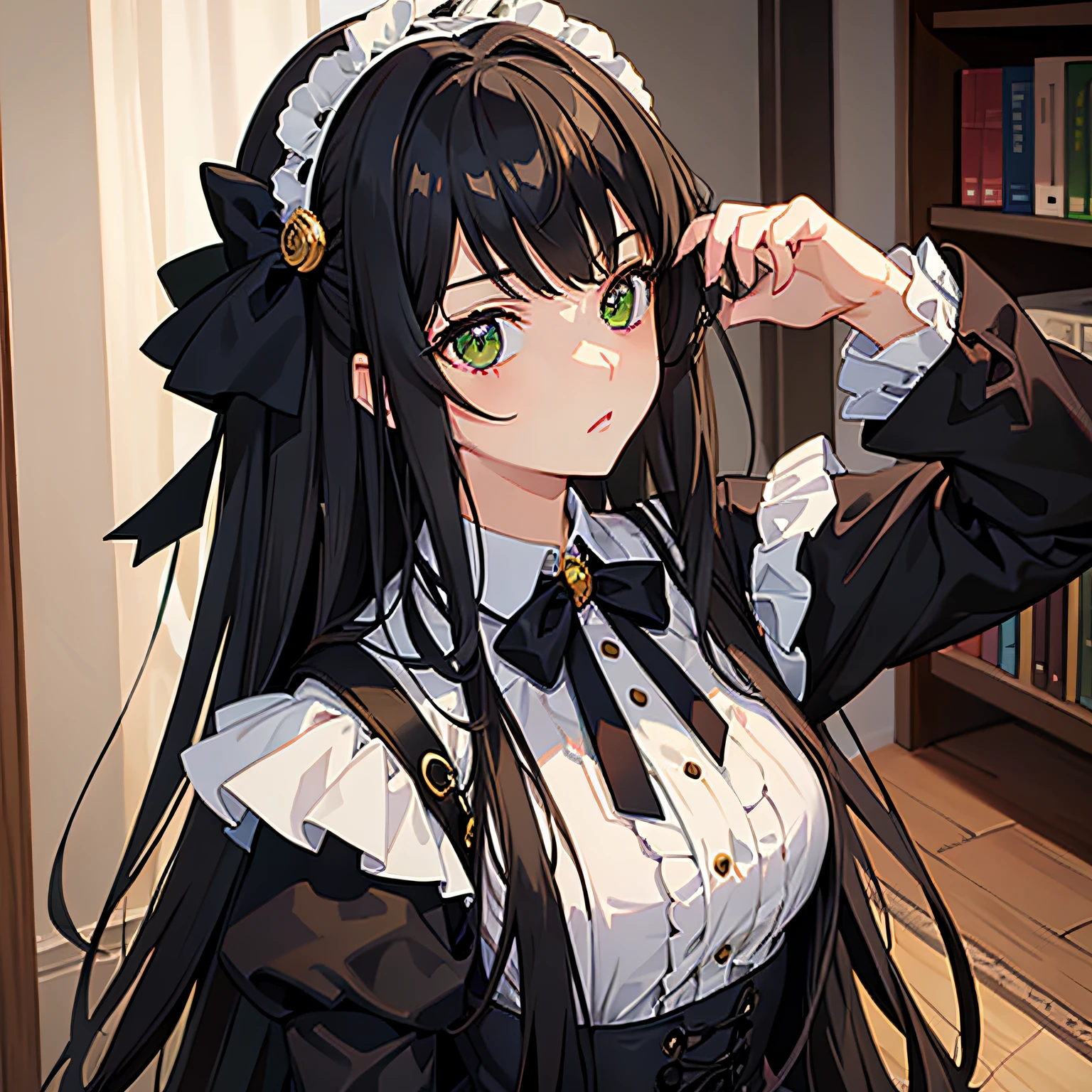 masterpiece, best quality, girl, bishoujo, ojousama, long hair, black hair, green eyes, expressionless, lolita_fashion,