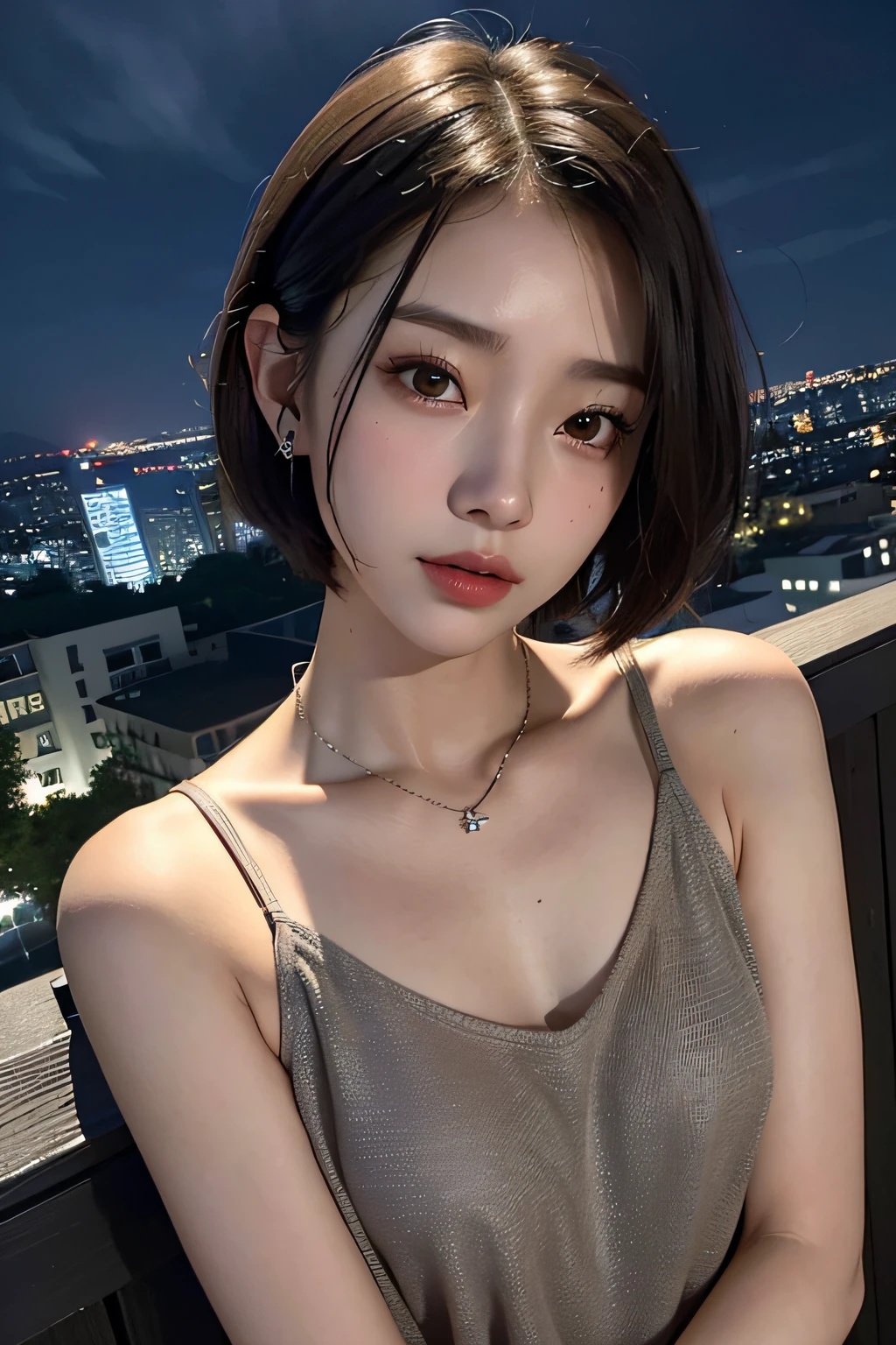 hightquality、masterpiece、超A high resolution、(realisitic:1.4)、(True skin texture:1.3)、Perfect beautiful adult woman、beautiful detailed eyes and face、Thin makeup、Small Smile、Light brown short-cut hair、Small necklace、sleeveless shirts、View from the rooftop at night、Dark cityscape at night、Dark cloudy sky、