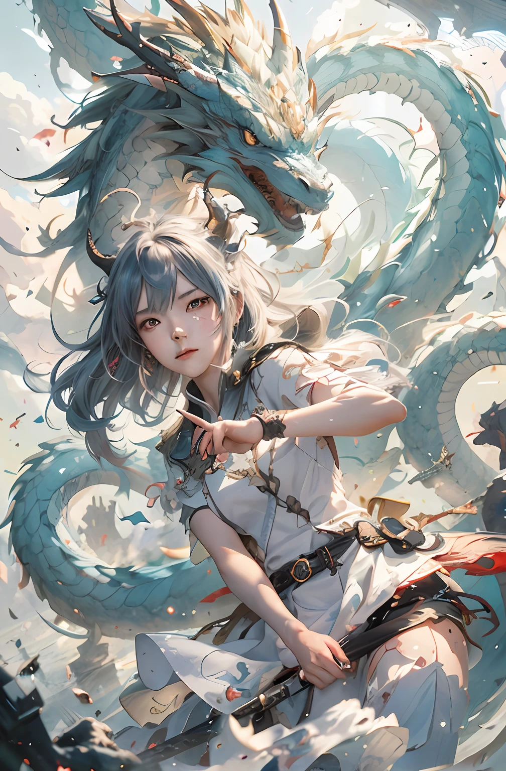Anime girl with dragon head and sword in the sky, the dragon girl portrait, Dragon girl, Guweiz in Pixiv ArtStation, Anime fantasy illustration, Detailed digital anime art, by Yang J, Guweiz on ArtStation Pixiv, Guviz-style artwork, drak, Guviz, Detailed fanart