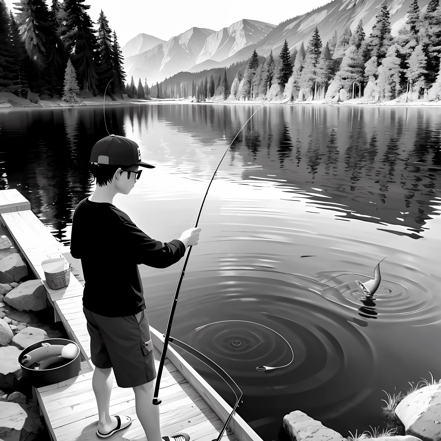 Fishing, lake, fishing pole, line art, black and white, 4k