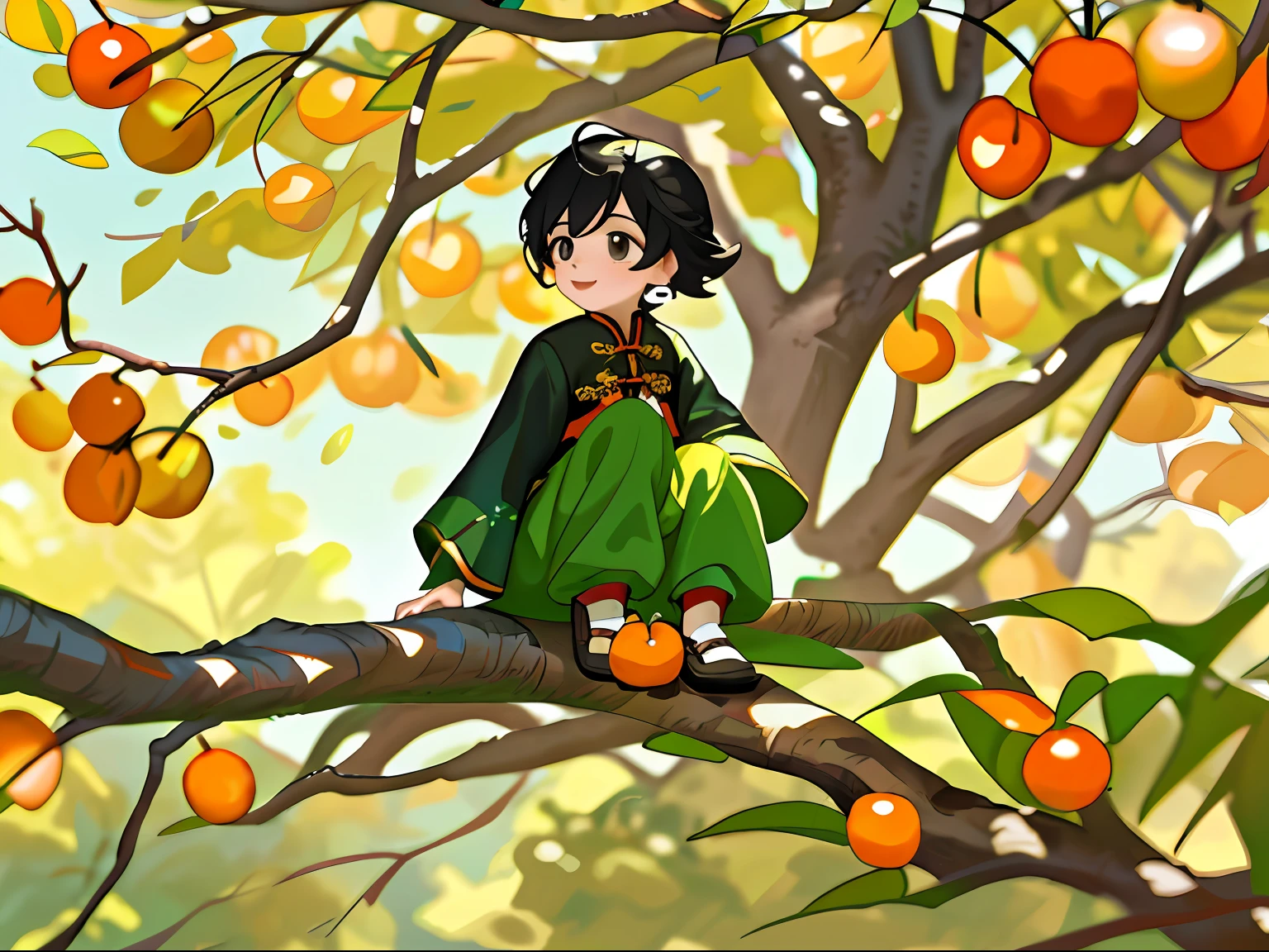 8k，tmasterpiece，high qulity，A boy，having fun，Black hair and black eyes，oil painted，Q version，Green long sleeves，Chinese children's clothing，Under the tree，Sit and eat persimmons