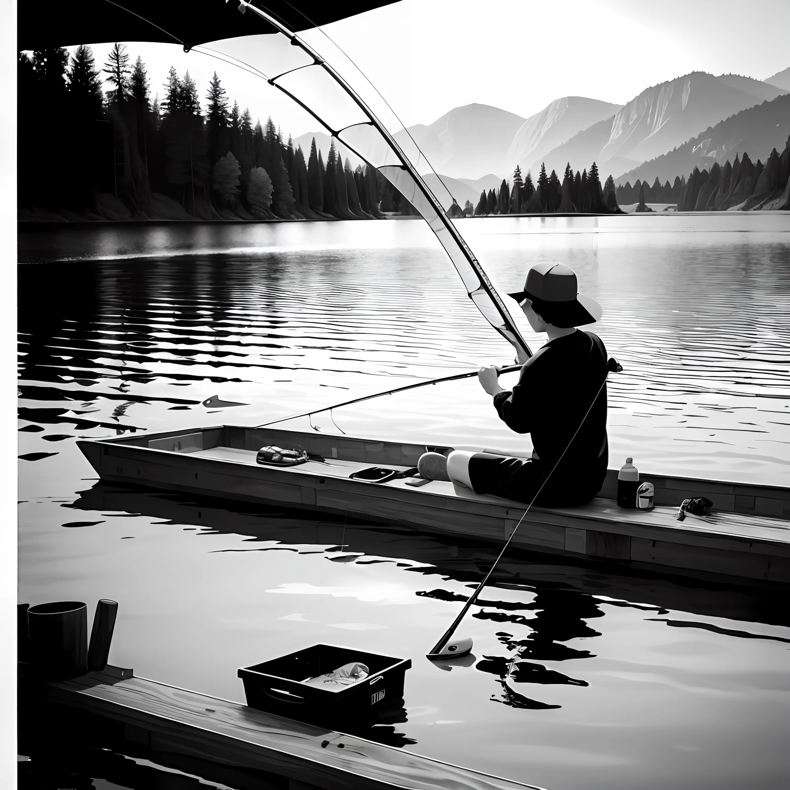 Fishing, lake, fishing pole, line art, black and white, 4k