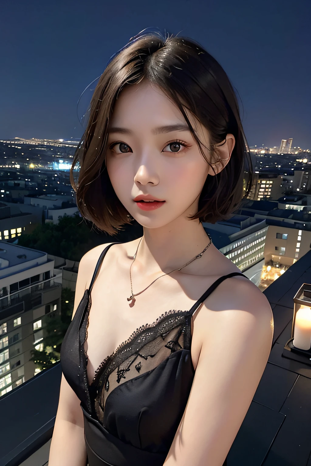 hightquality、masterpiece、超A high resolution、(realisitic:1.4)、Beautiful adult woman、beautiful detailed eyes and face、Thin makeup、Small Smile、Light brown short-cut hair、Small necklace、sleeveless shirts、View from the rooftop at night、Dark cityscape at night、dark sky、