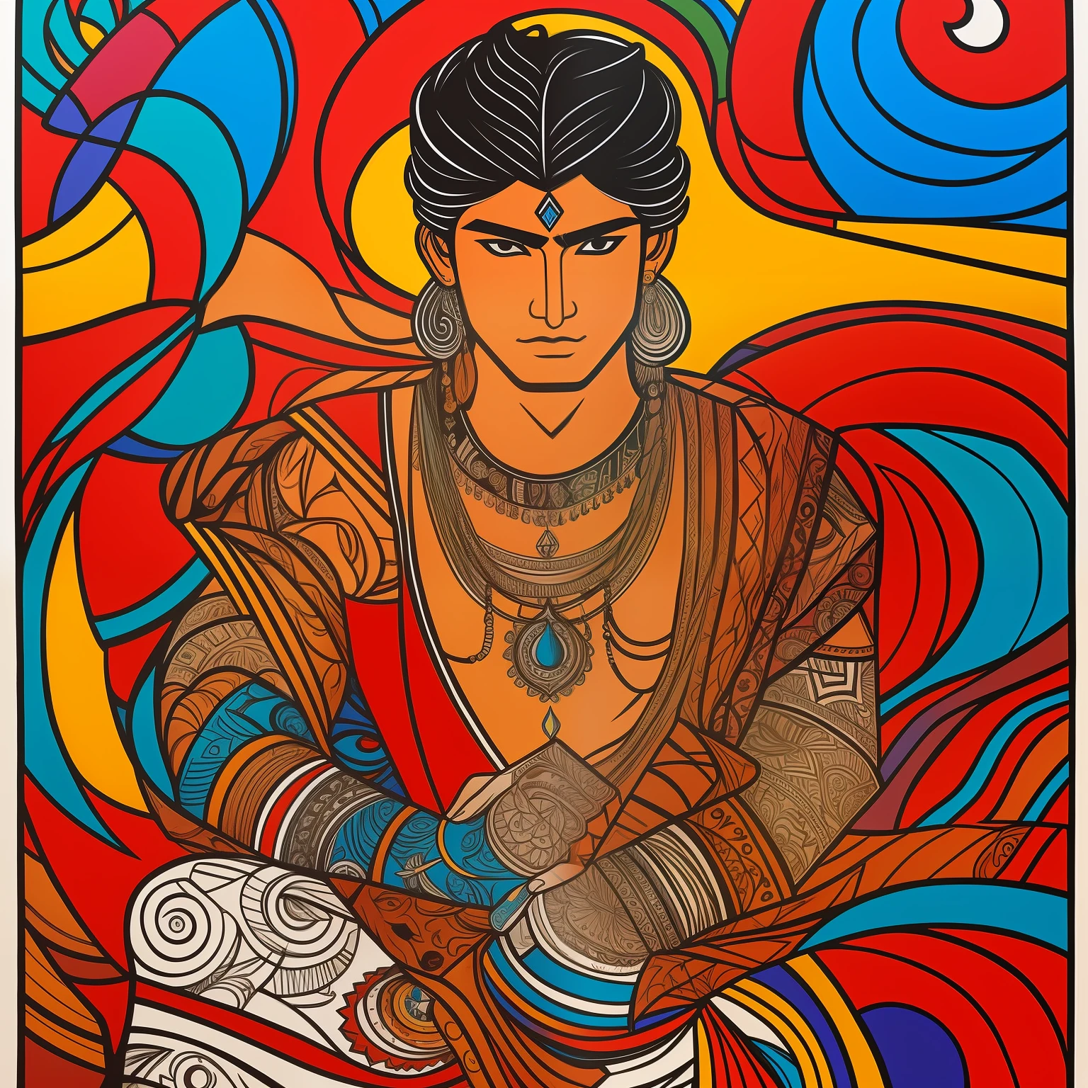 Using the “Simple line art and a contemporary aesthetic” style with plenty of color. Create a drawing of a man with clothing and accessories in the gypsy/indian style, making movements while manipulating the element of air in his hands. The image has to be like a art of tarot siddhart