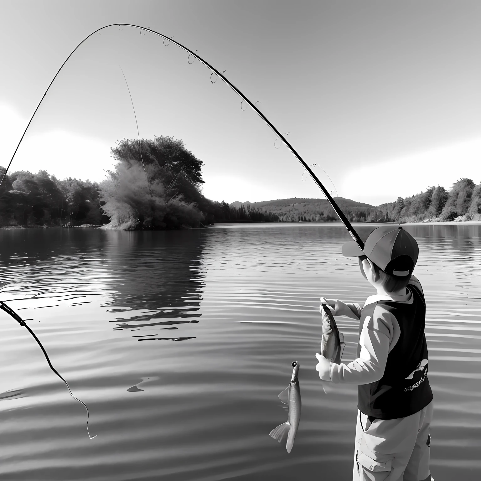 Fishing, lake, fishing pole, line art, black and white, 4k