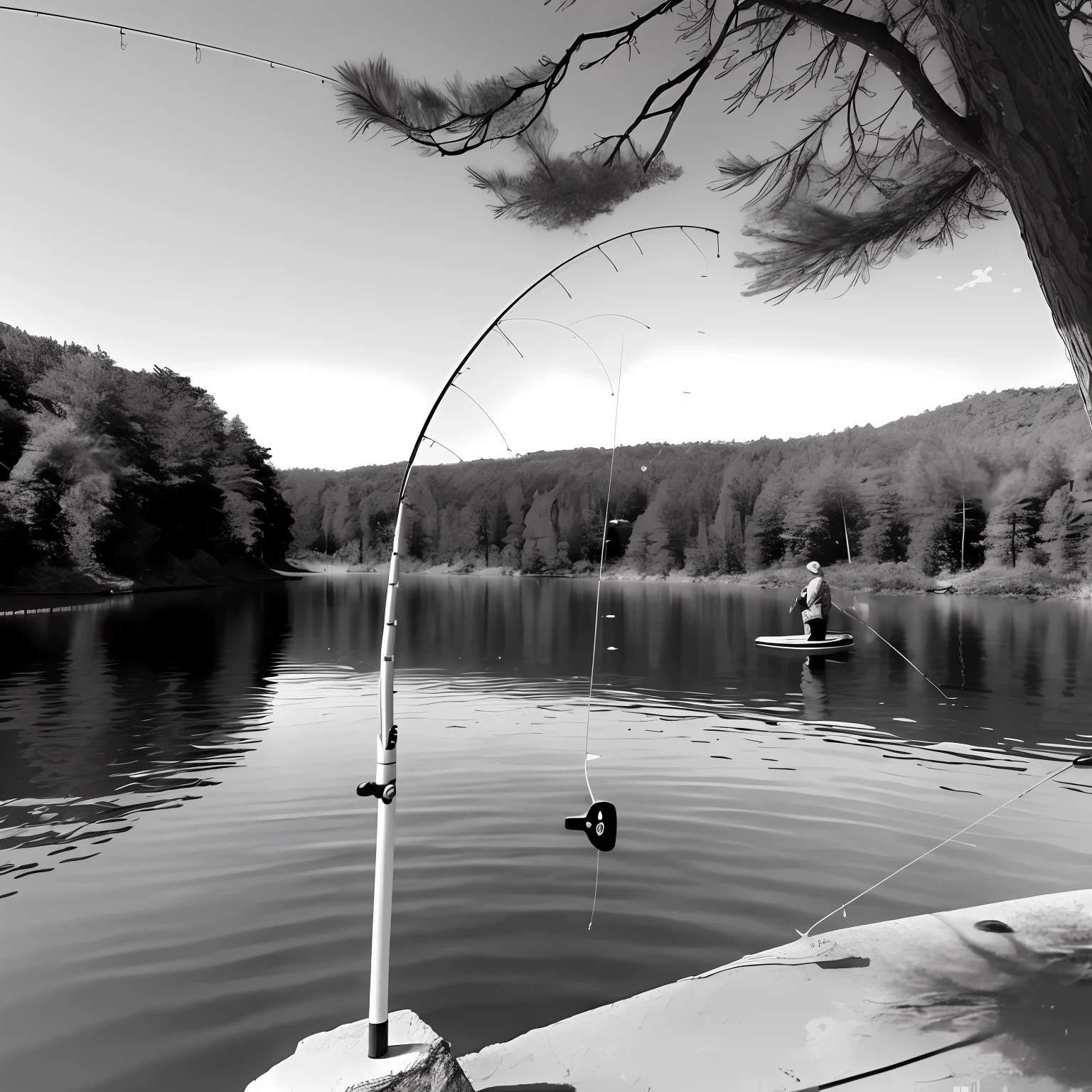 Fishing, lake, fishing pole, line art, black and white, 4k