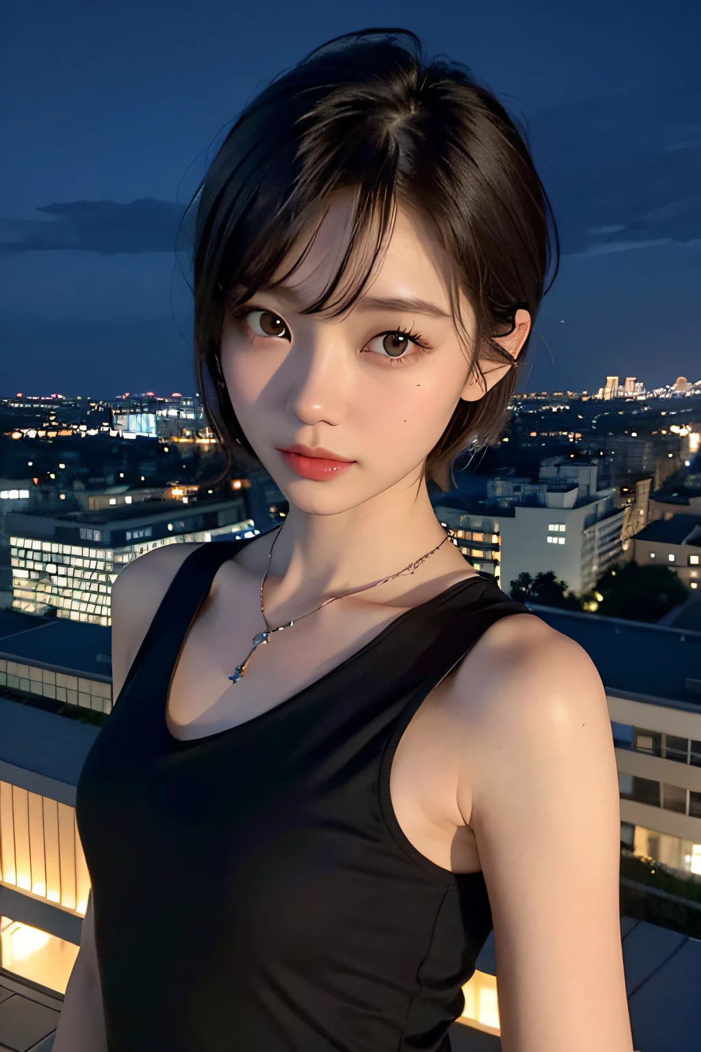 hightquality、masterpiece、超A high resolution、Beautiful adult woman、Thin makeup、Small Smile、Light brown short-cut hair、Small necklace、sleeveless shirts、View from the rooftop at night、Dark cityscape at night、dark sky、