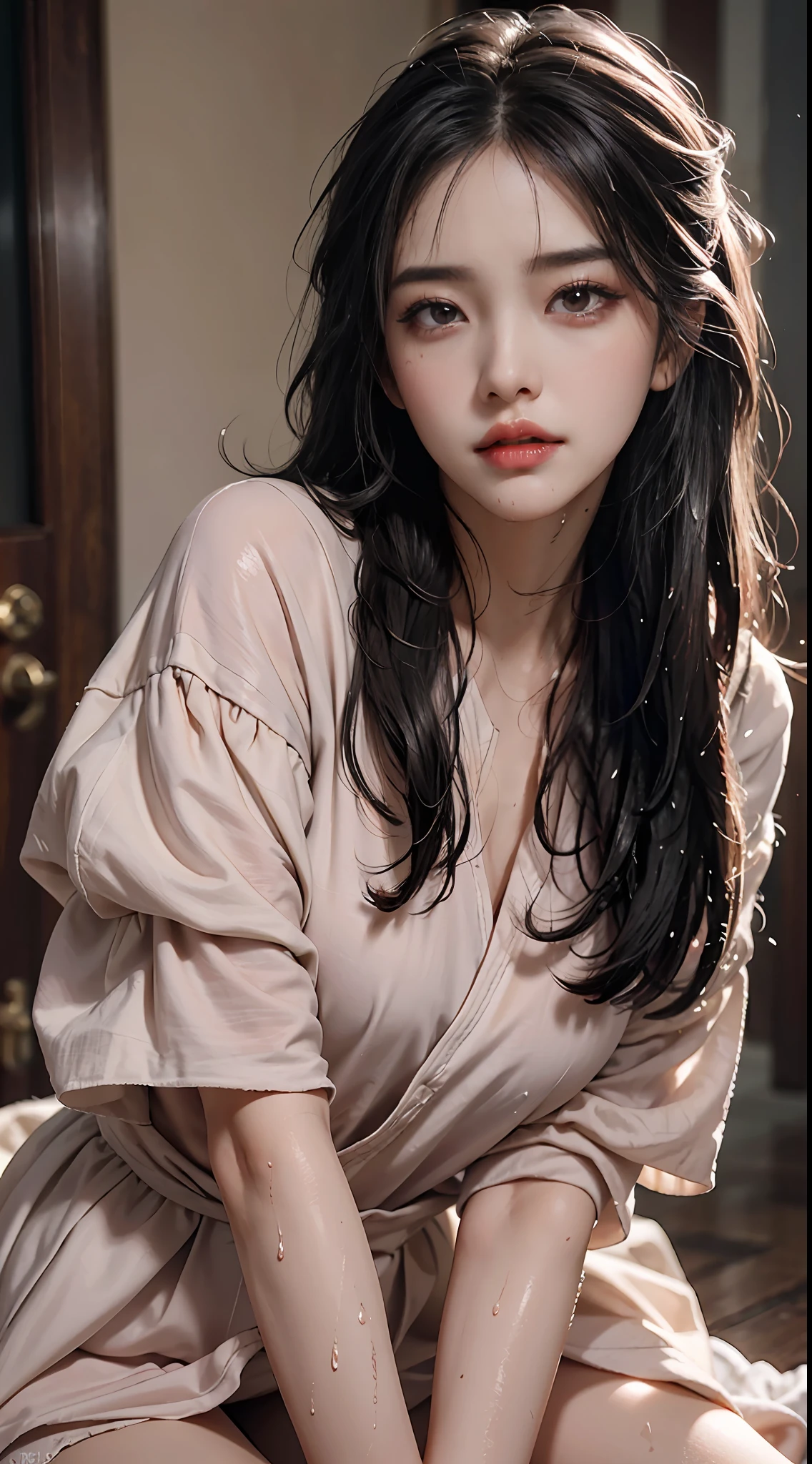 face, mascara, Makeup, Tired, Tired, rough breath, After sex, saliva, Messy hair, Messy, wet face, There is a large deep throat in the mouth, Detailed facial features, Blush, embarrassment, Long hair, Realistic, High quality, Best quality, high resolution,Liu Yifei's face