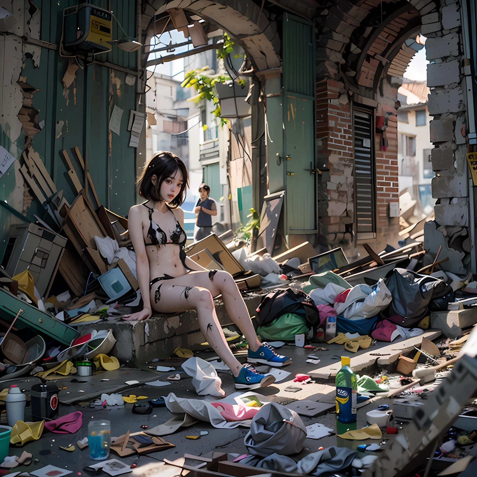 Cidade abandonada,A very cute extreme exhibitionist Korean girl,Stand in the ruins with your legs straight,Garbage all over the ground,grimy, tmasterpiece, Best quality at best, highly detailed,scruffy,All naked,of a shirtless,Masterpiece,best qualtiy,Extreme image quality