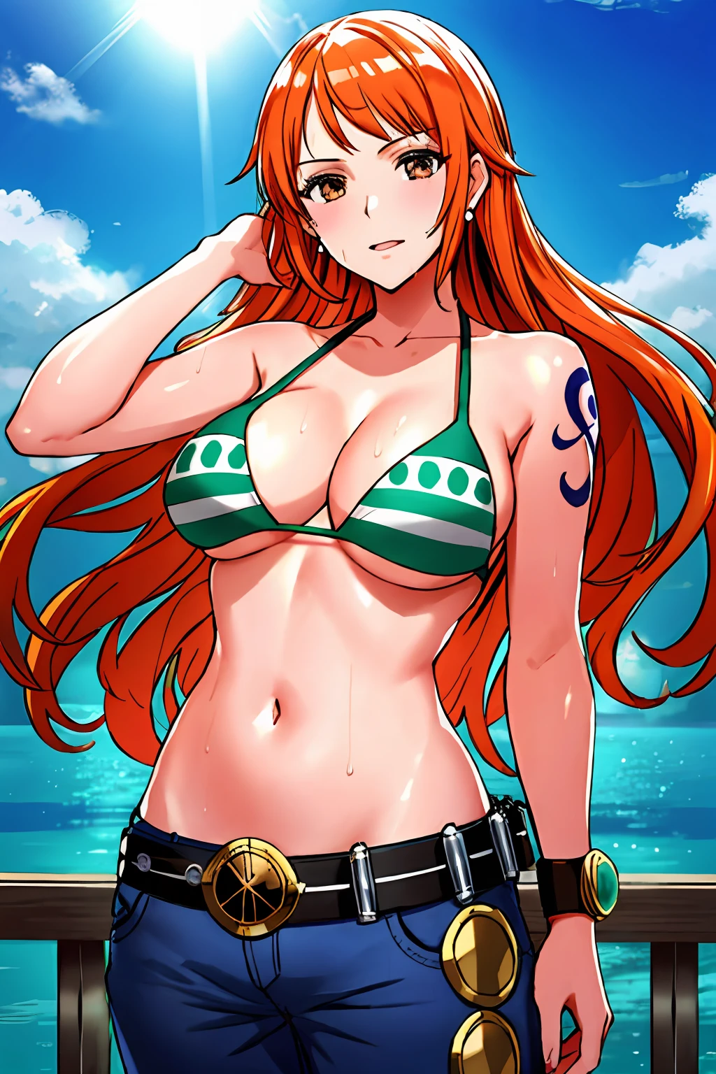 detailed background, masterpiece, 4k, best quality, late youth, adult, wrestler body, 1girl, active, energic, uppercut, (large mouth) , solo, nami \(one piece\), 1girl, bangle, (very wet, drenched in sweat, sweat all over body, very wet hair, tired, taking breath, open mouth, hand on stomach, sweaty face, sweaty body, panting, sweating too much, shiny sweat, sweat stains, leaning, tilting), perfect detailed face, bold drawing lines, muscular arms, detailed bold arm lines, flat jaw, adult woman, wavy wide streaked bangs, floating bang streaks, (big cheeks), bare shoulders, off-shoulders, belt, bikini, bikini top only, blue sky, bracelet, springy breasts, breast lines, big round eyes, plain big brown shiny eyes, bubbles, high eye position, cleavage, cloud, day, denim, earrings, floating hair, shiny hair, green belt, green bikini, bold groin lines, jeans, jewelry, large breasts, log pose, long hair, looking at viewer, navel, wet hair, orange hair, pants, shoulder tattoo, sidelocks, sky, solo, standing, stomach, swimsuit, tattoo , looking at viewer, open mouth, detailed left arm, big forehead, hourglass figure, small head, toned body, wide hair, wind effect, sun effect, under the sun, narrow small ears angle, older, random poses,