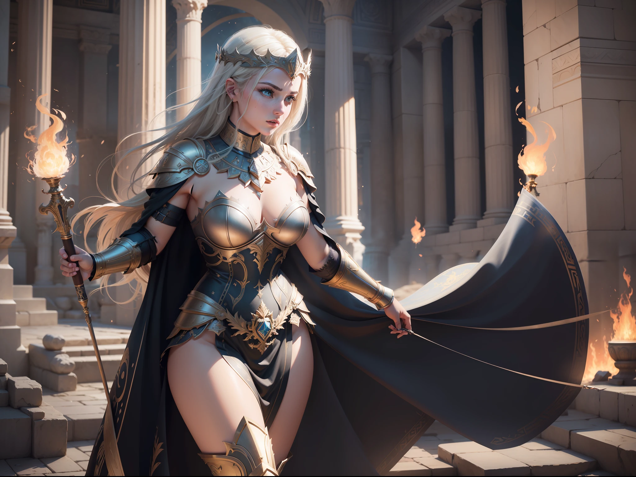 Valkyrie，dong，roman armor，complex patterns，ornate decoration，Greek temple，The background is a starry sky，(skin indentation:1.5), realisticlying, realisticlying, (Masterpiece:1.5), concept-art, intricately details, highly  detailed, realisticlying, rendering by octane, 8K, unreal-engine, dynamicposes, Best quality at best, A high resolution, (photorealiscic face:1.1), (Hyper-realistic:1.1),  perfect  eyes,(shiny skins:1.2), rotating flame, Radiant force, spark of light, smog, magia, ((Dramatic)), Epic, battlefiled, depth of fields, Background bokeh, 4K, ashes, Particle，