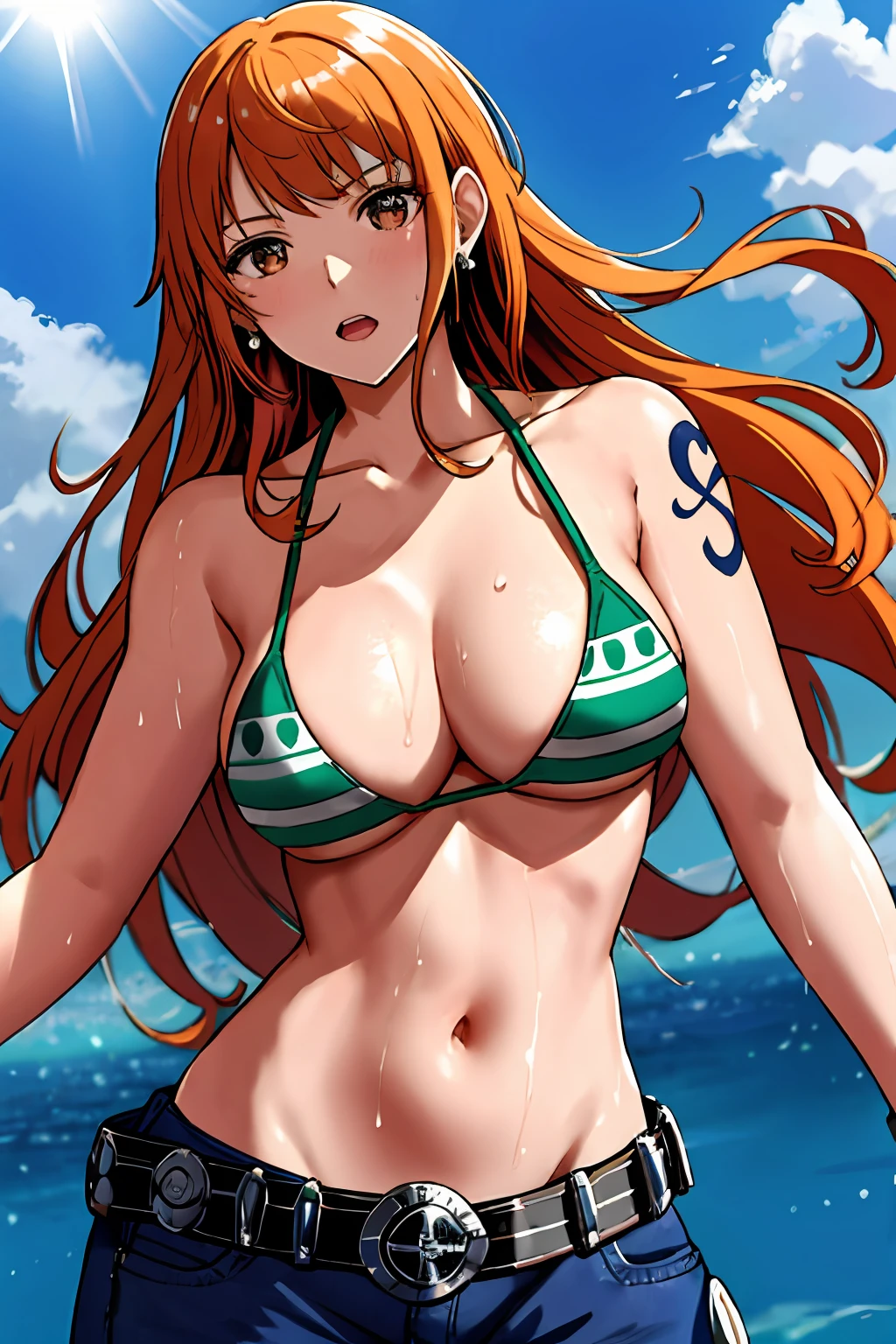detailed background, masterpiece, 4k, best quality, late youth, adult, wrestler body, 1girl, active, energic, uppercut, (large mouth) , solo, nami \(one piece\), 1girl, bangle, (very wet, drenched in sweat, sweat all over body, very wet hair, tired, taking breath, open mouth, hand on stomach, sweaty face, sweaty body, panting, sweating too much, shiny sweat, sweat stains, leaning, tilting), perfect detailed face, bold drawing lines, muscular arms, detailed bold arm lines, flat jaw, adult woman, wavy wide streaked bangs, floating bang streaks, (big cheeks), bare shoulders, off-shoulders, belt, bikini, bikini top only, blue sky, bracelet, springy breasts, breast lines, big round eyes, plain big brown shiny eyes, bubbles, high eye position, cleavage, cloud, day, denim, earrings, floating hair, shiny hair, green belt, green bikini, bold groin lines, jeans, jewelry, large breasts, log pose, long hair, looking at viewer, navel, wet hair, orange hair, pants, shoulder tattoo, sidelocks, sky, solo, standing, stomach, swimsuit, tattoo , looking at viewer, open mouth, detailed left arm, big forehead, hourglass figure, small head, toned body, wide hair, wind effect, sun effect, under the sun, narrow small ears angle, older, random poses,