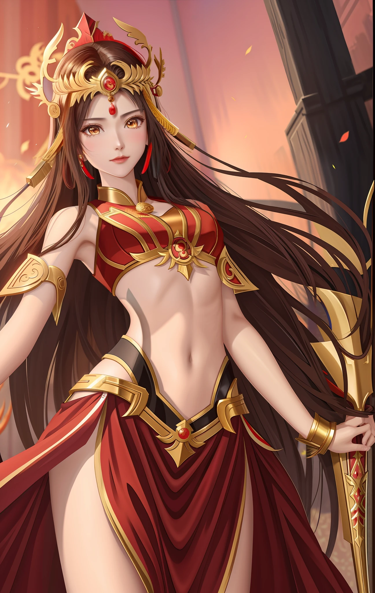 Anime girl in red and gold costume with sword and sword, inspired by Du Qiong, inspired by Ju Lian, a beautiful fantasy empress, full-body xianxia, G Liulian art style, Extremely detailed Artgerm, portrait of modern darna, bian lian, xianxia hero, inspired by Park Hua, Inspired by Lan Ying, Anime goddess,golden headdress, Sexy Queen