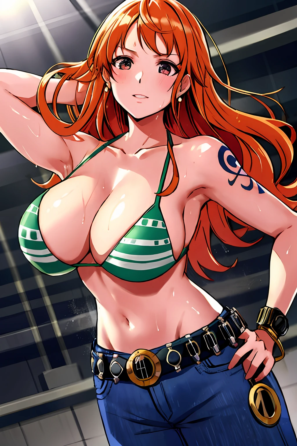 detailed background, masterpiece, 4k, best quality, late youth, adult, wrestler body, 1girl, active, energic, uppercut, (large mouth) , solo, nami \(one piece\), 1girl, bangle, (very wet, drenched in sweat, sweat all over body, very wet hair, tired, taking breath, open mouth, hand on stomach, sweaty face, sweaty body, panting, sweating too much, shiny sweat, sweat stains, leaning, tilting), perfect detailed face, bold drawing lines, muscular arms, detailed bold arm lines, flat jaw, adult woman, wavy wide streaked bangs, floating bang streaks, (big cheeks), bare shoulders, off-shoulders, belt, bikini, bikini top only, blue sky, bracelet, springy breasts, breast lines, big round eyes, plain big brown shiny eyes, bubbles, high eye position, cleavage, cloud, day, denim, earrings, floating hair, shiny hair, green belt, green bikini, bold groin lines, jeans, jewelry, large breasts, log pose, long hair, looking at viewer, navel, wet hair, orange hair, pants, shoulder tattoo, sidelocks, sky, solo, standing, stomach, swimsuit, tattoo , looking at viewer, open mouth, detailed left arm, big forehead, hourglass figure, small head, toned body, wide hair, wind effect, sun effect, under the sun, narrow small ears angle, older, random poses,