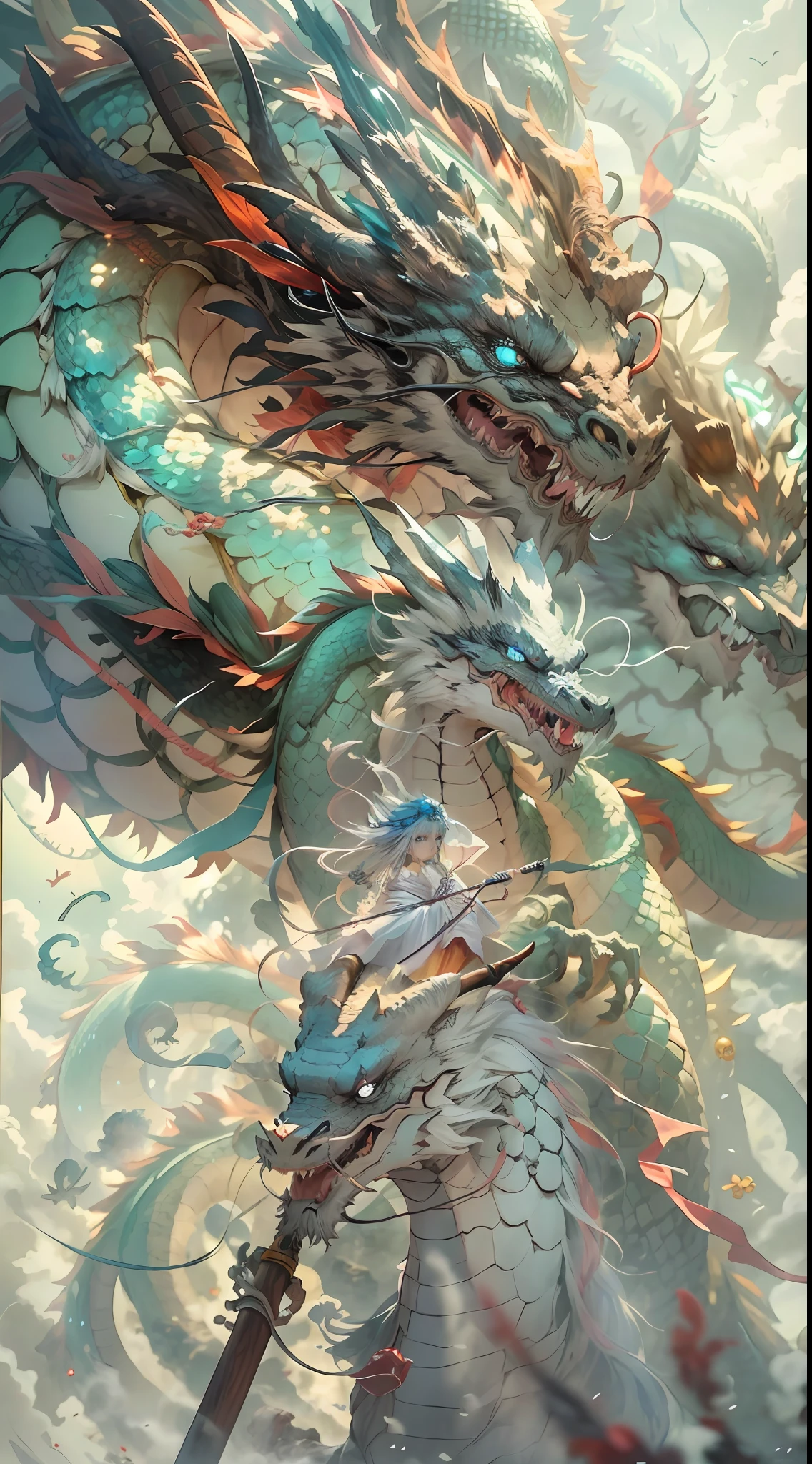 The dragon guarded the girl，（Dragon trainer），（Girl with gray hair，Red ribbon hair），Beautiful facial features，Delicate facial features，White dragon scale armor，（Scepter in hand，The scepter glows）。Behind the girl，（（The dragon is in the sky，腾云驾雾））。stormy sea。The spectacle is spectacular。