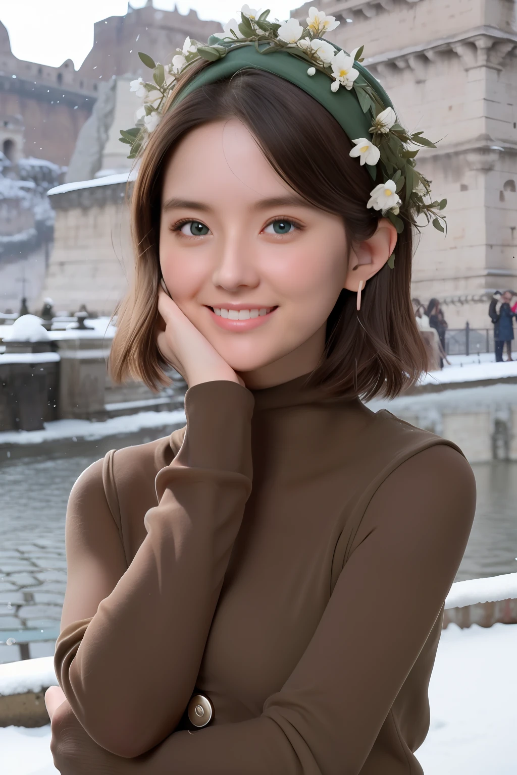 (Masterpiece),(Best quality),(Ultra-detailed), (full bodyesbian:1.2),
2girls,duo,Castel Sant'Angelo in Rome,navel,winter,Snow,crowd,Cute, Smile, Open mouth,
flower, Outdoors,Jacket, Blush,shirt, Short hair, Cherry blossoms, green headwear, Blurry, Brown hair, Blush stickers, Long sleeves, bangs, Earphone, Black hair,
(Beautiful detailed face), (Beautiful detailed eyes),