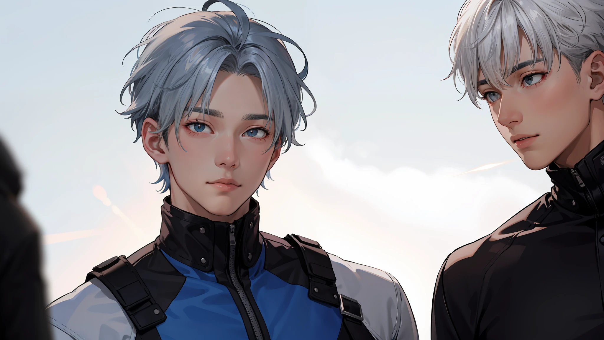 In the background is a silver city Two -yeld tege friends with blue hair, With Latin skin and light gray hair on the outskirts of a large silver city they are talking about an important topic they are friends almost like brothers.................