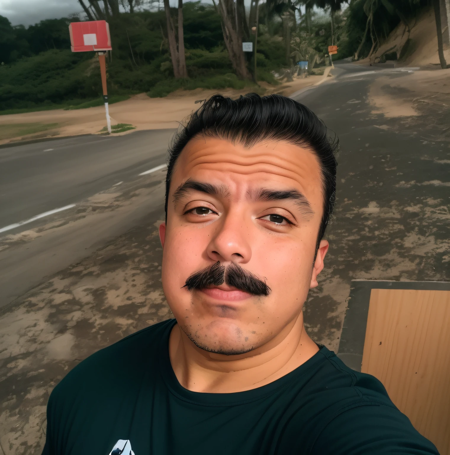 There's a man who's taking a selfie with a doughnut, cerca de 3 5 anos, bigode natural, bigode fino, bigode grosso, Fotografia selfie 8k, cavanhaque, he got a big french musctache, com um parque ao fundo, sem bigode, 2 7 anos, com bigode aparado, 2 9 anos, 3 2 anos