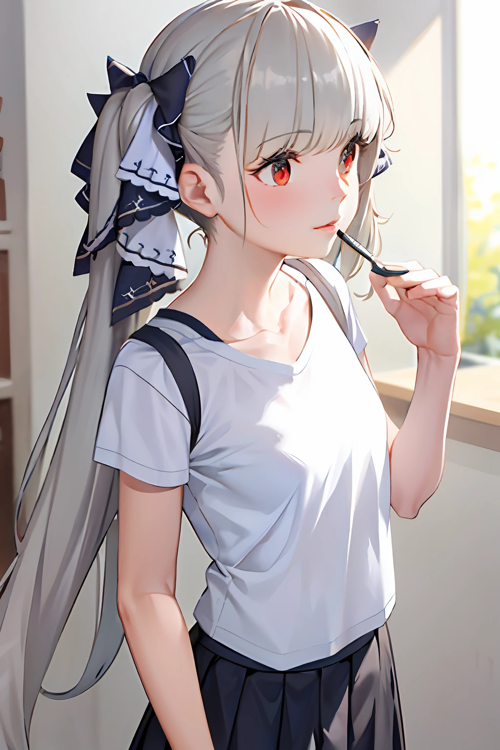 formidable_default, 独奏, 1girl, sportrait, head looking up, lips parted, simple backgound,(tee shirt)，lovely small breasts