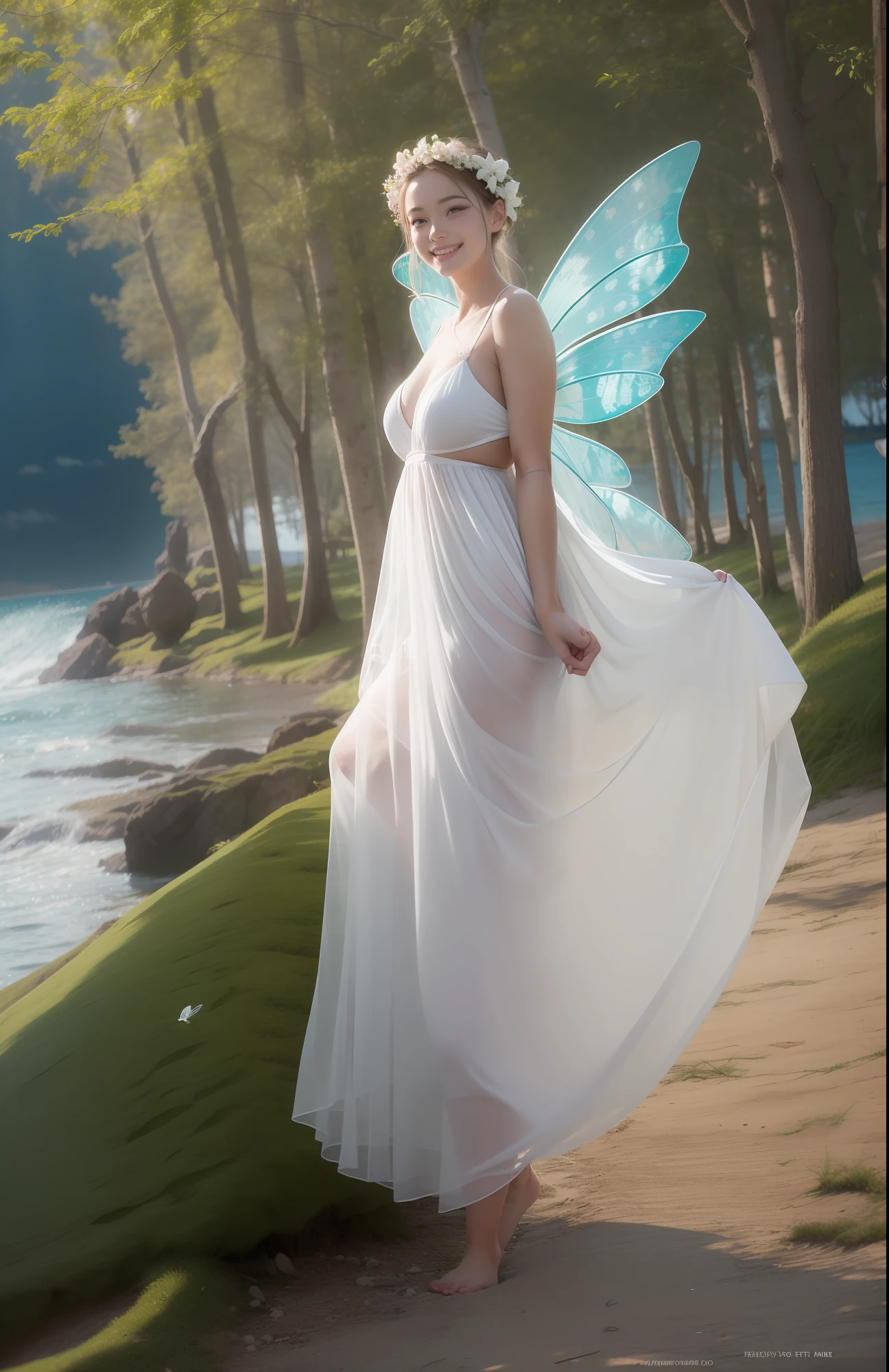 being thin、Photo of gorgeous 20-year-old Finnish fairy wearing (White flowing dress:1.2) And (Delicate fairy wings:1.2), Grinning, (looking in camera:1.1), (Sateen:1.1), On the beautiful seaside:,, masutepiece, Barefoot, (Natural lighting:0.8), 8K, ((Realistic)), F/1.1, , the woods、covering the navel、hiding breast、Hide legs、(Curvaceous)femele(flawless skin:1.11)And(teats:1.1)、A smile、full body Esbian、Beautiful standing figure、Sea Fairy、Beautiful summer sky