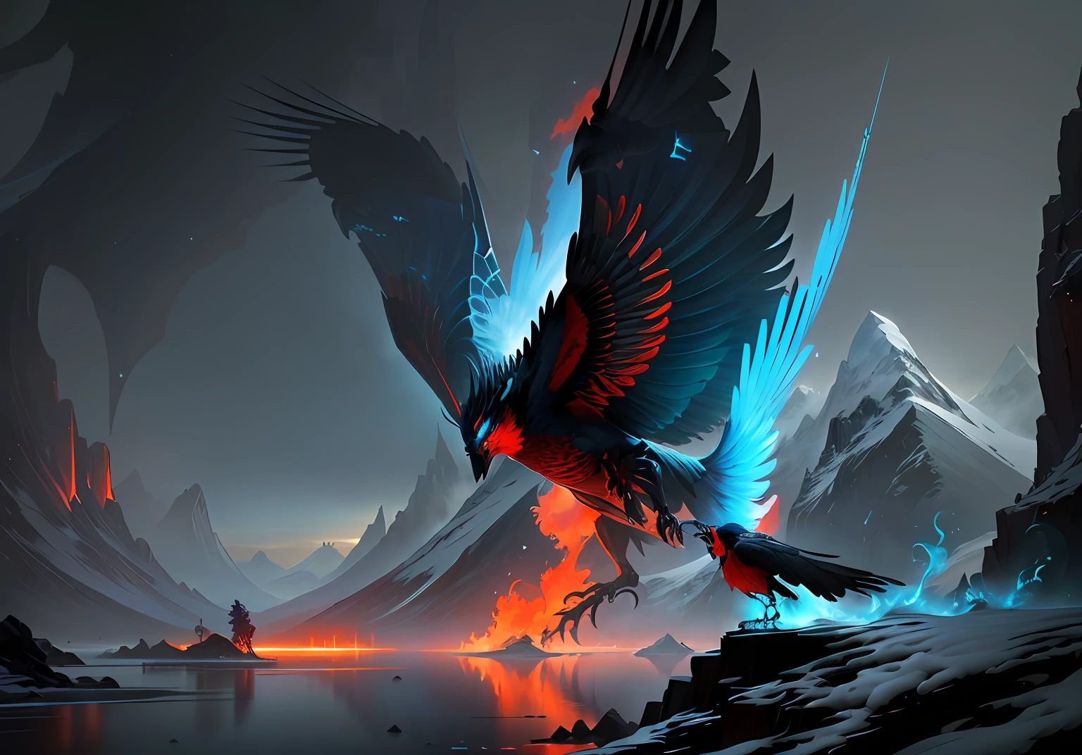 Draw a man standing in front of a giant bird in epic fantasy digital art style, inspired by Nōami, 4K detailed digital art, 4k highly detailed digital art, Detailed digital 2D fantasy art, Onmyoji detailed art, Concept art wallpaper 4K, Digital 2D fantasy art, Anime Art Wallpaper 8K anime scene of a giant firebird,Comic book style,A military general with a spear stood in front of it, Atmospheric perspective,Super detail,A high resolution,speed-line,Boss battle perspective,Size contrast,Mountain and sea sutra style,Thick coating of the board,Chinese painting style,Look up at the perspective,Don't be blue,To be red flame style