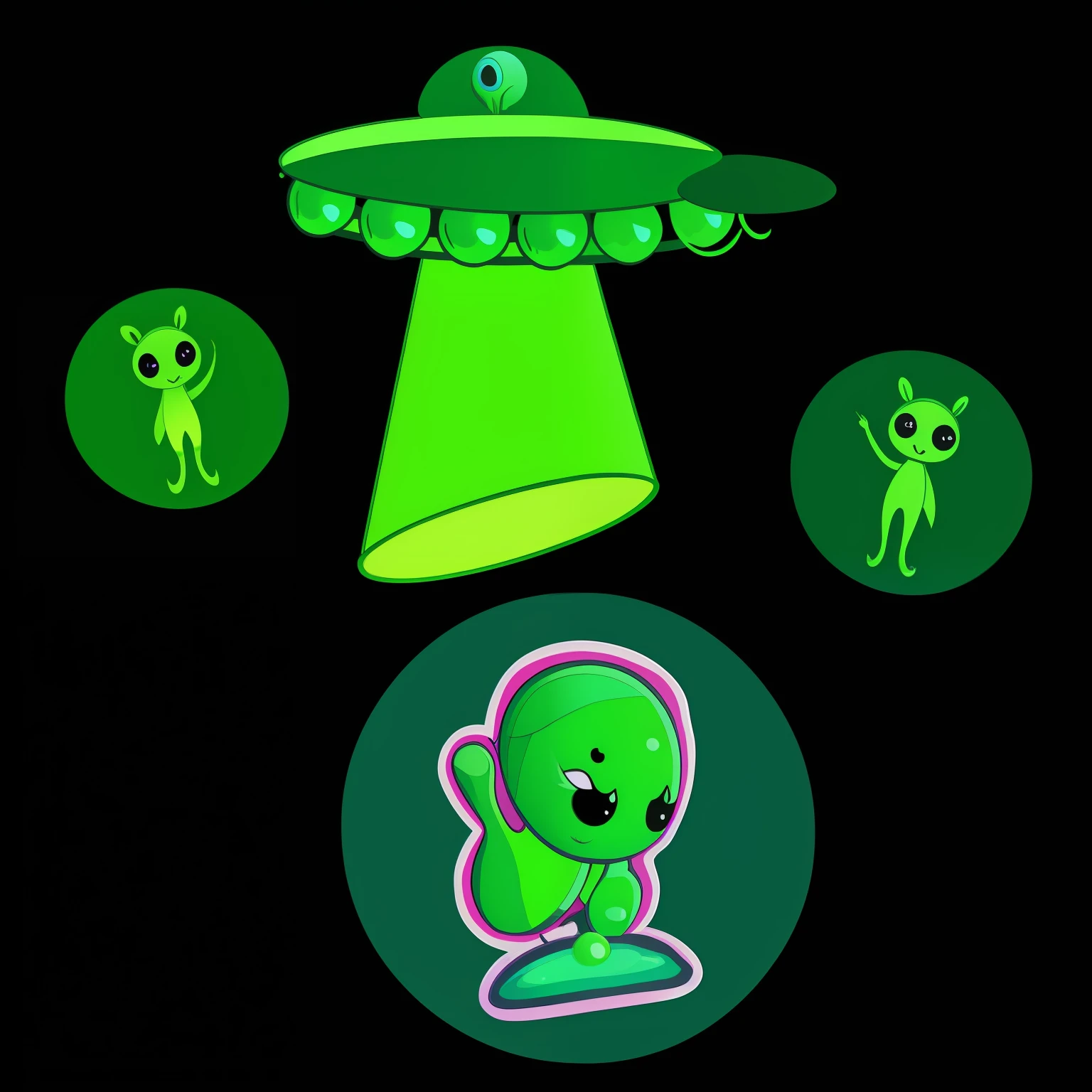 “We Come In Peas”, Aliens inside of peas, with a pea pod mothership behind them, flat vector art, t-shirt design, ready to print