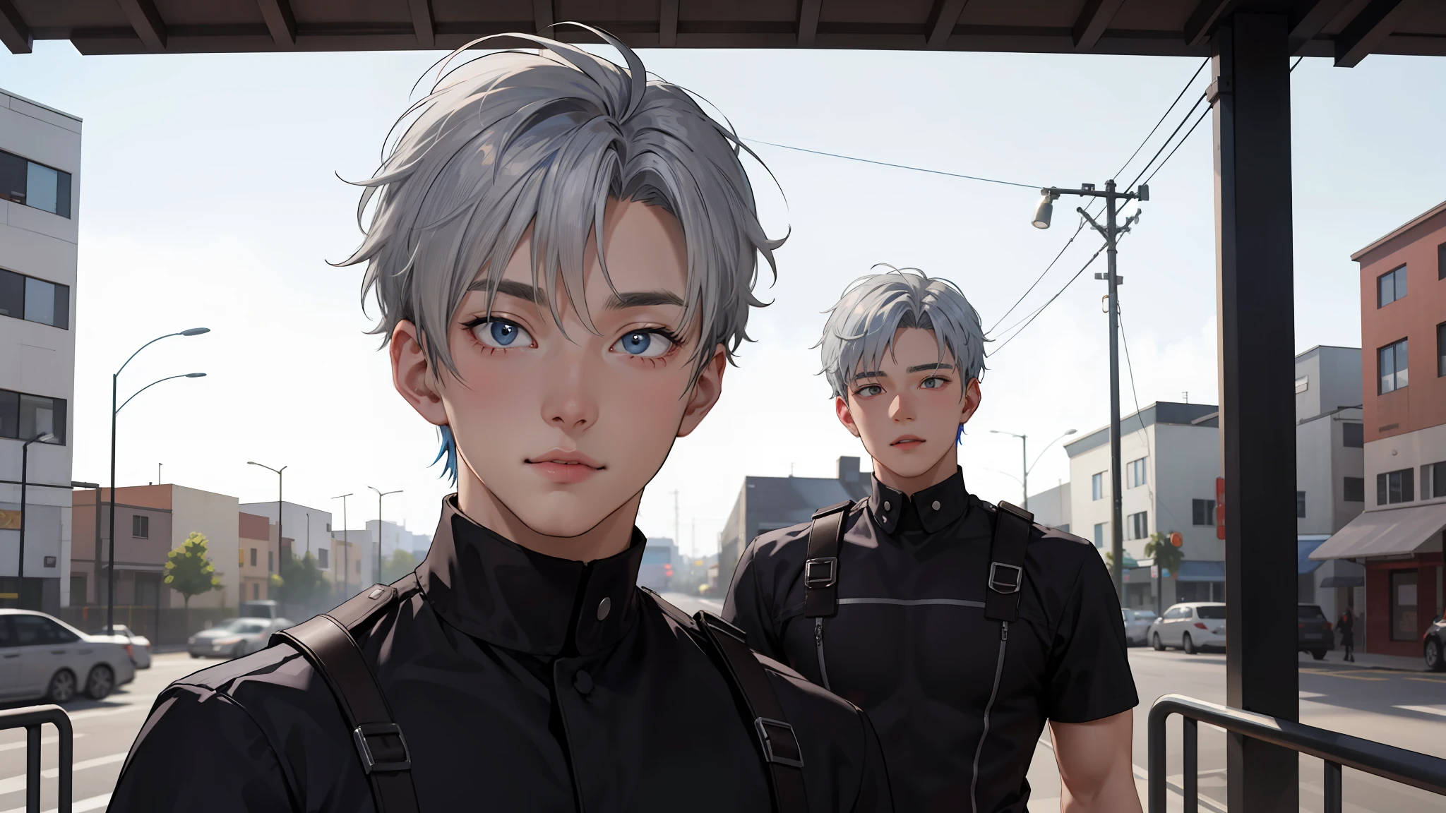 In the background is a silver city Two 15-year-old teenage friends with blue hair, With Latin skin and light gray hair on the outskirts of a large silver city they are talking about an important topic they are friends almost like brothers.................