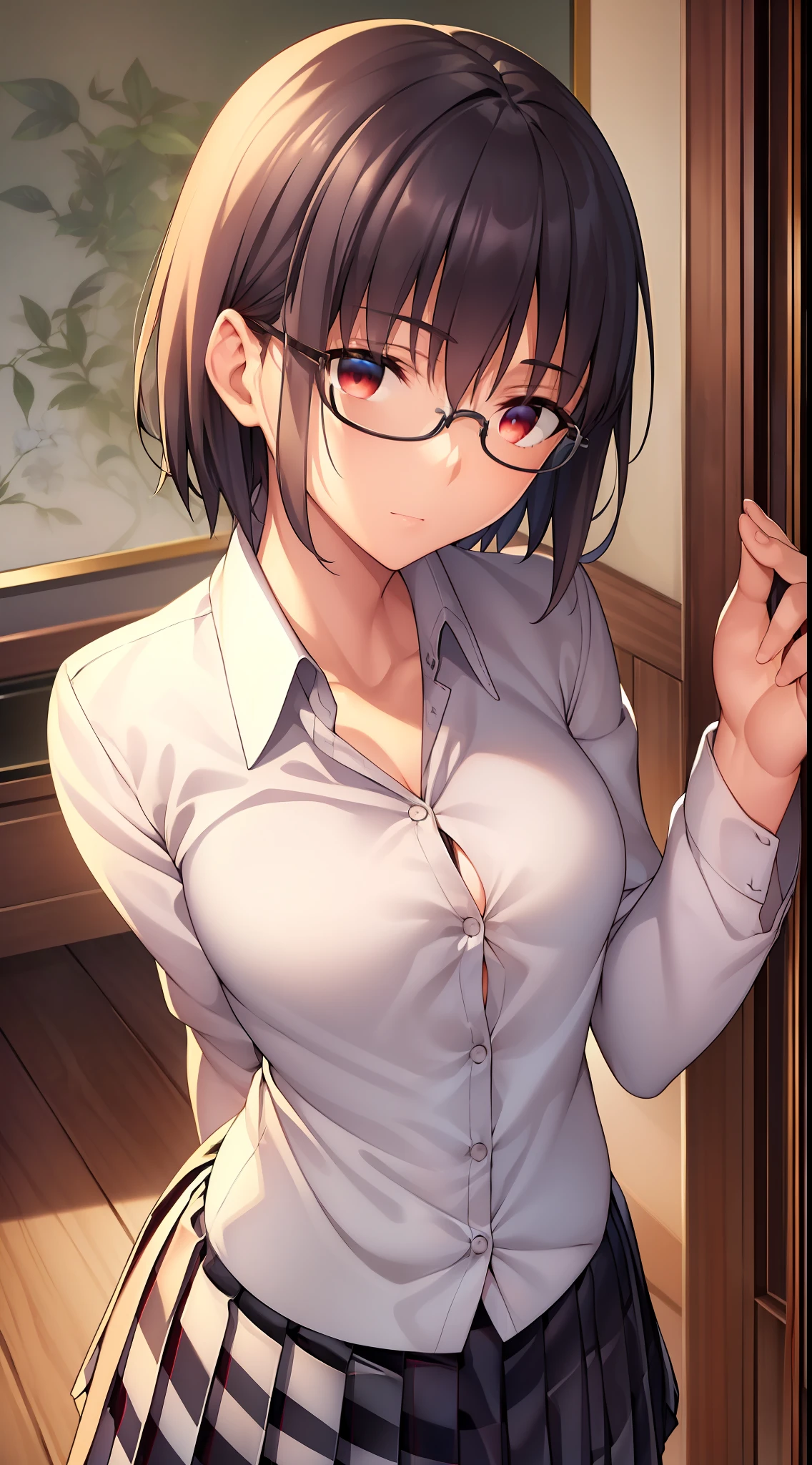 {{beautiful}}, amazing, (best quality:1.5), (masterpiece:1.5), extremely delicate and beautiful, intricate details, finely detailed, extremely detailed, beautifully detailed, ultra-detailed, (hyperdetailed:1.5), high resolution, (illustration), watercolor pencil, Clear line drawing, (ufotable style:1.1), (ufotable screen cap:1.1), anime coloring, anime screencap, (latest picture), backlighting, dynamic angle, glow, depth of field, {{body satisfaction}}, (body with a good balance of style:1.5), (slender figure:1.5), perfect body, perfect hands, perfect feet, (two arms:1.2), (two legs:1.2), (five fingers each:1.2), (perfect joint:1.2), perfect joint movement, beautiful detailed eyes, (detailed eyes:1.5), finely detailed eyes, perfect anatomy, full dissection, perfect composition, correct limbs, balance and coordination in all things, realistic:0.5, precise fingers and hands, (finely drawn hair:1.5), {{shy girl}}, (black hair:1.3), (short hair:1.3), (straight hair:1.3), bangs, (purplish red eyes:1.3), (medium breasts:1.3), (small-sized buttocks:1.3), {{school uniform}}, (white collared shirt:1.5), white shirt, breast tent, (checkered pleated skirt:1.5), checked skirt, pleated skirt, (unbutton one's first button:1.5), glasses,
