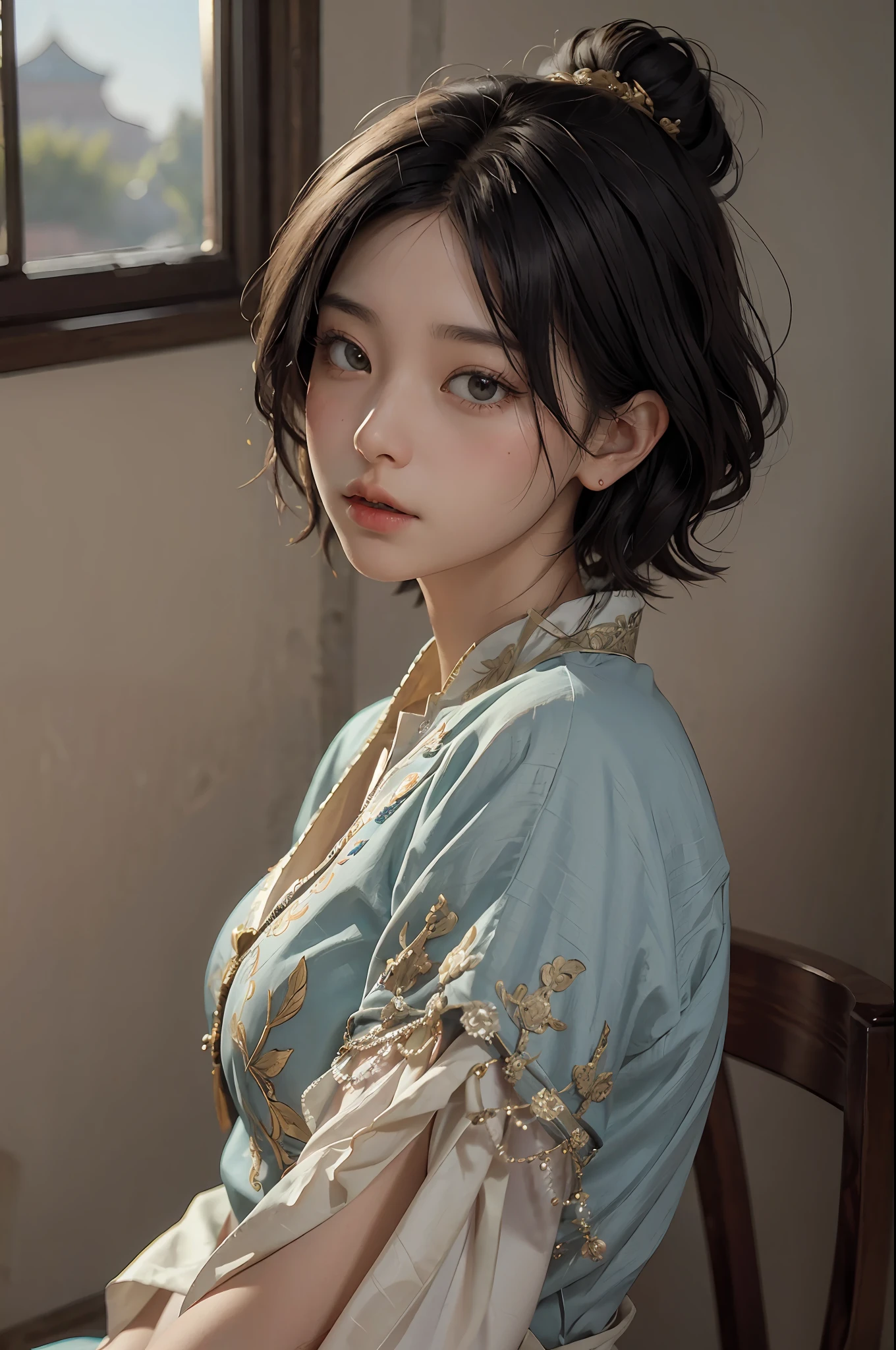 (RAW Photography、top-quality)、(realisitic、Photorealsitic:1.3)、top-quality、high-detail、​masterpiece、ultra-detailliert、illustratio、1girl、((very_short_hair))、dynamic ungle、world masterpiece theater、messy_black_hair、top-quality、the Extremely Detailed CG Unity 8K Wallpapers、inky、magnifica、电影灯光、lens_flare、dunhuang_style