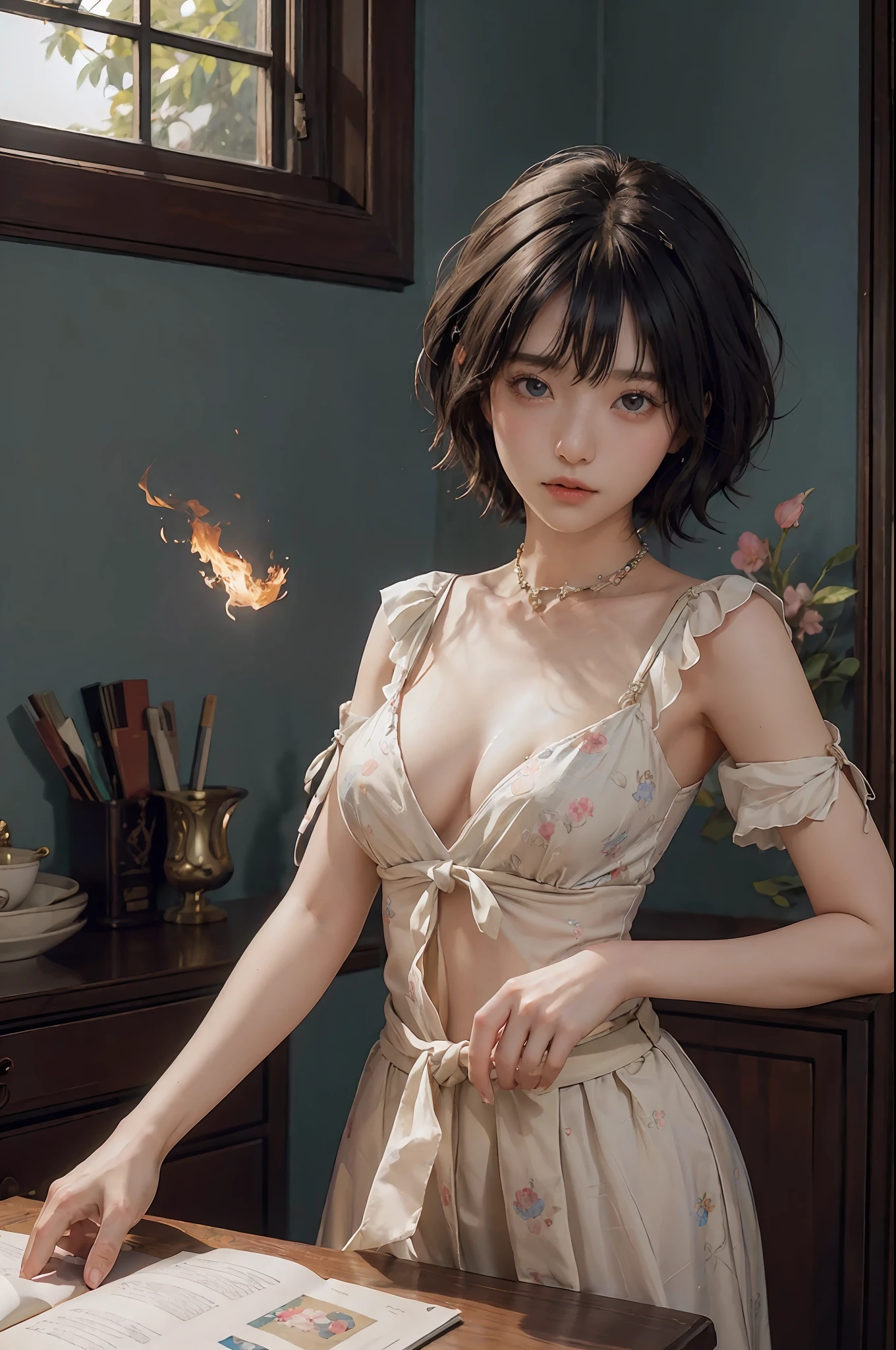 (RAW Photography、top-quality)、(realisitic、Photorealsitic:1.3)、top-quality、high-detail、​masterpiece、ultra-detailliert、illustratio、1girl、((very_short_hair))、dynamic ungle、world masterpiece theater、messy_black_hair、top-quality、the Extremely Detailed CG Unity 8K Wallpapers、inky、magnifica、电影灯光、lens_flare、dunhuang_style