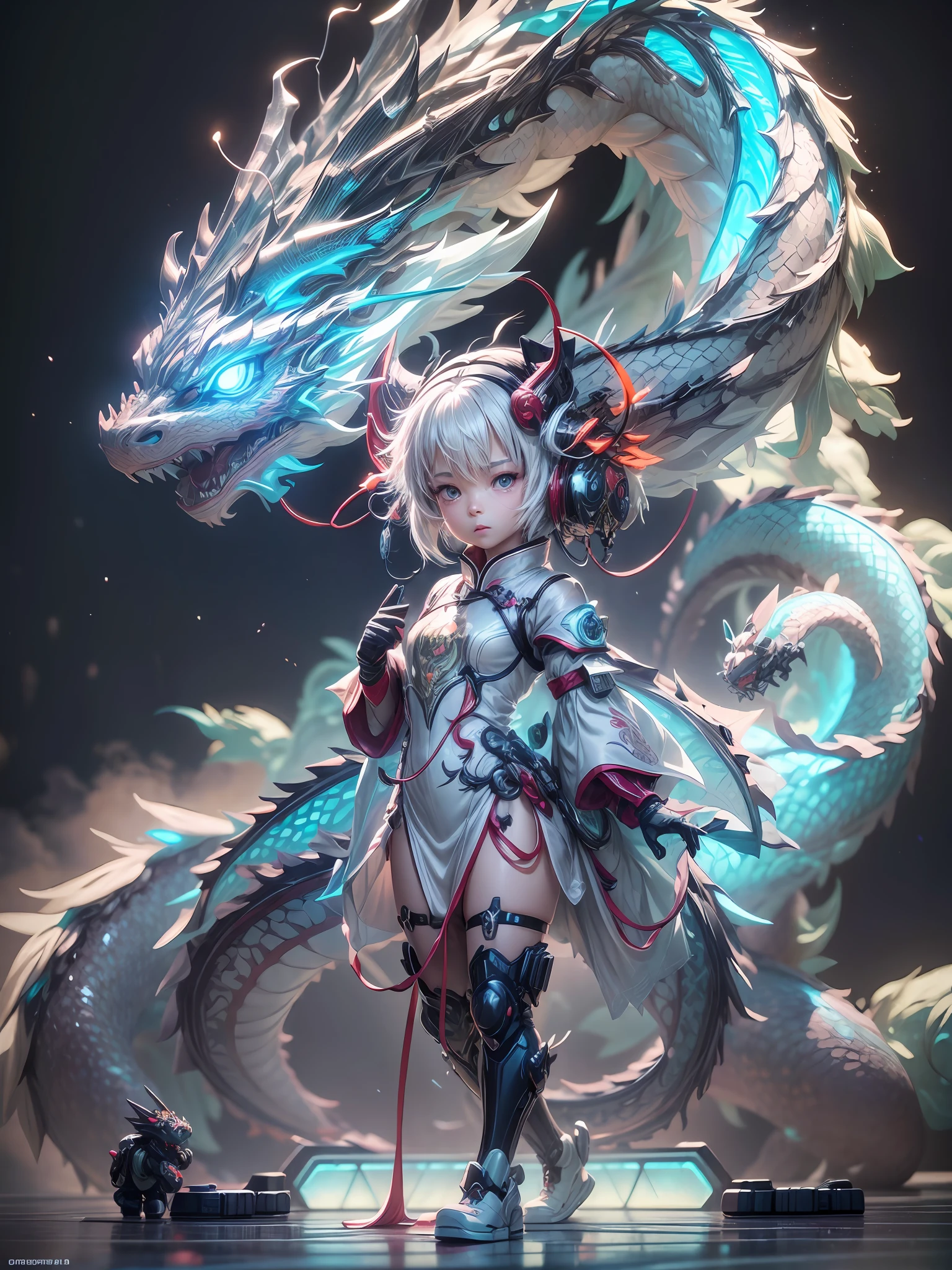 chinesedragon, (blind box toy style:1.2), (Full Body Shot) ,  1 Transparent girl,Behind him is a transparent and  Chinese dragon, Transparent mecha, Exquisite Helmet:1.2, glowing goggles:1.2, Cyberpunk, Dreamy Glow, Luminous neon lamp, clean, white background, ( Global illumination, raytracing, HDR, unreal render,reasonable design, high detailed, masterpiece, best quality, UHD, Cinematic Lighting)
